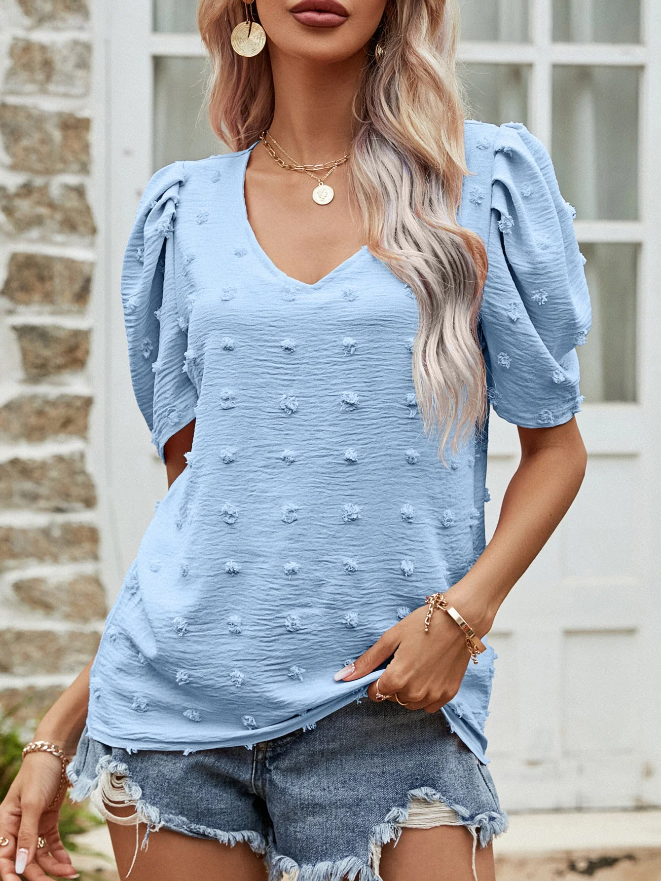Swiss Dot Short Puff Sleeve Top - Image 7