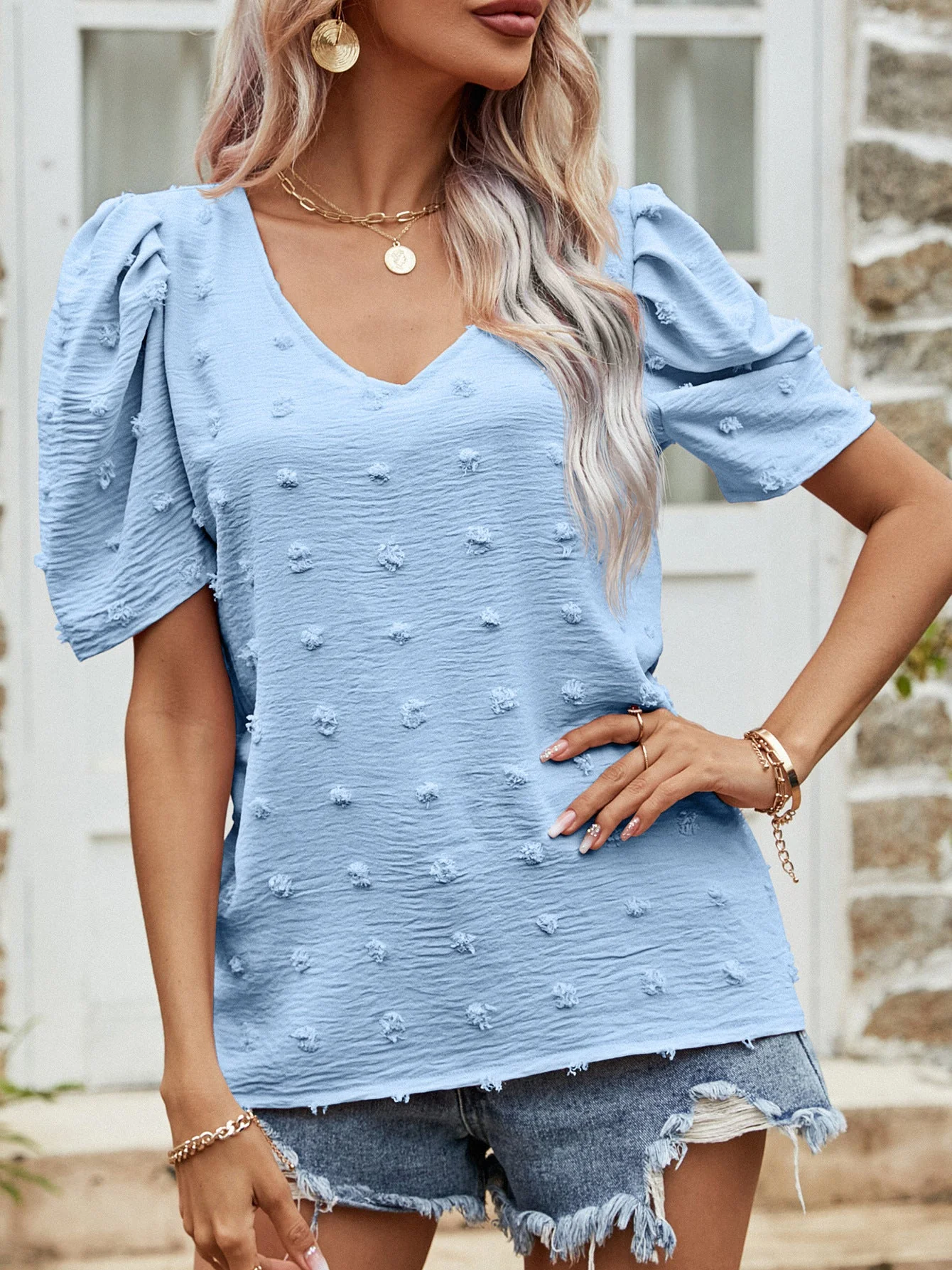 Swiss Dot Short Puff Sleeve Top - Image 8