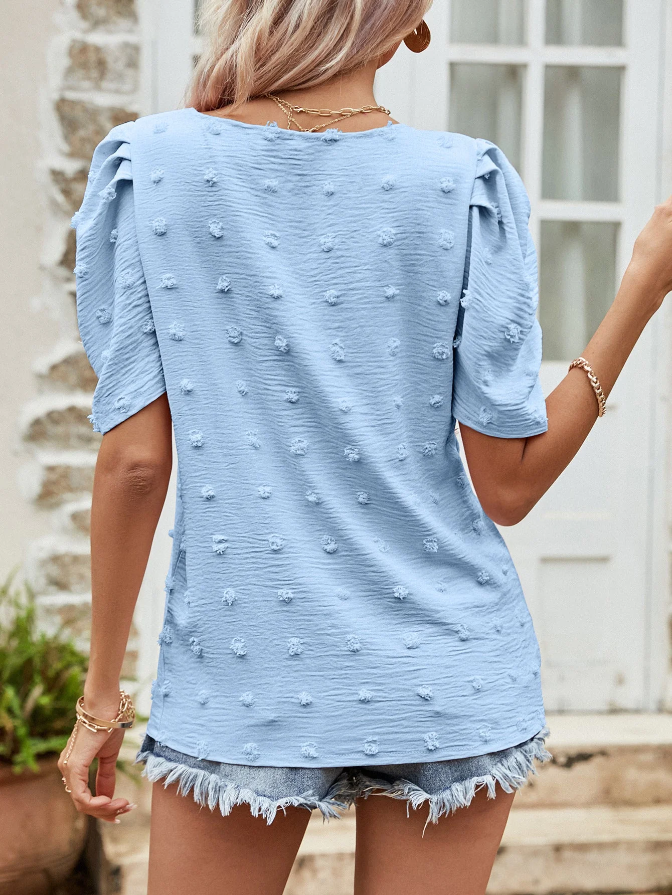 Swiss Dot Short Puff Sleeve Top - Image 9