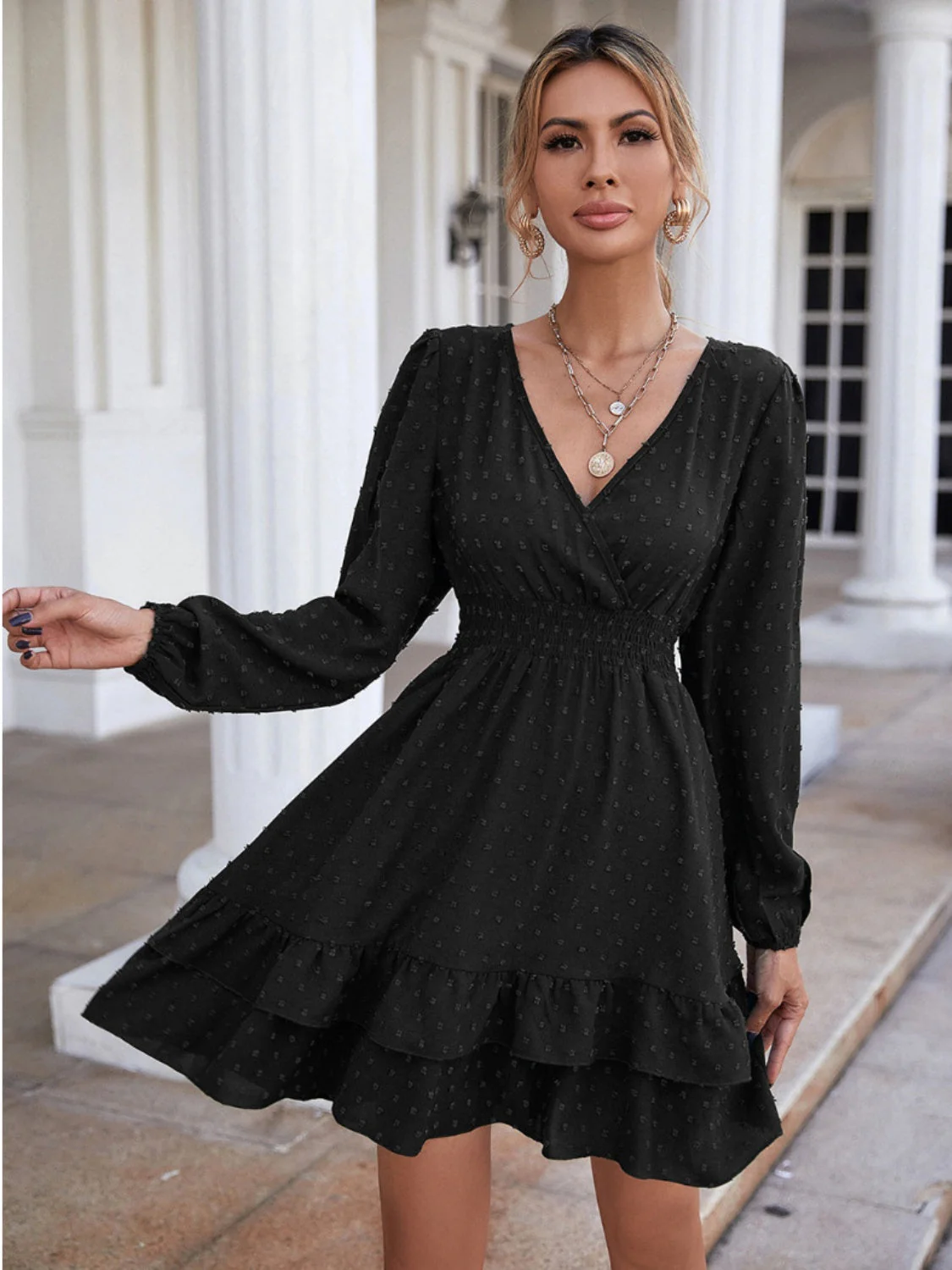 Swiss Dot Surplice Smocked Ruffle Hem Dress - Image 2