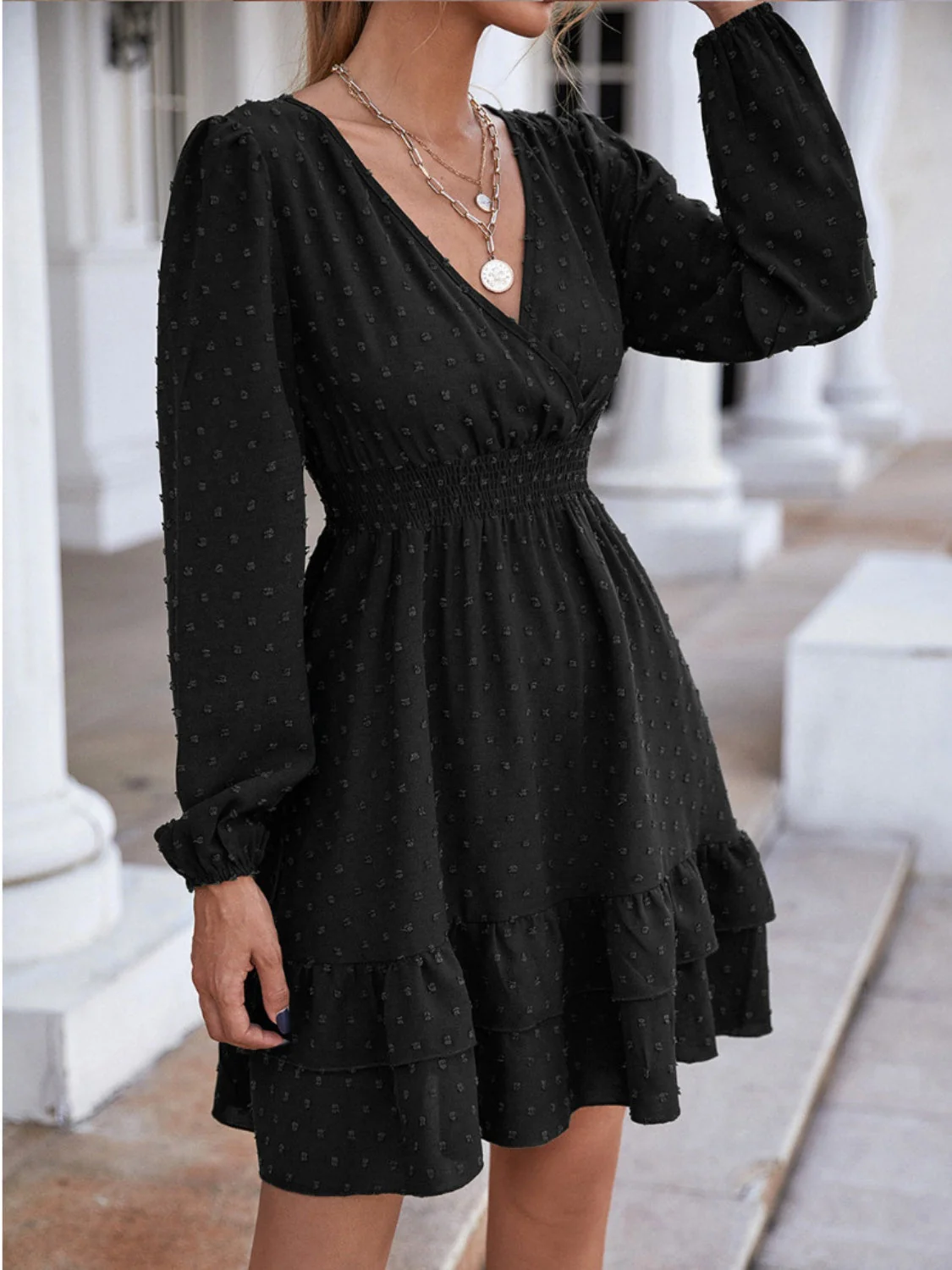 Swiss Dot Surplice Smocked Ruffle Hem Dress - Image 3