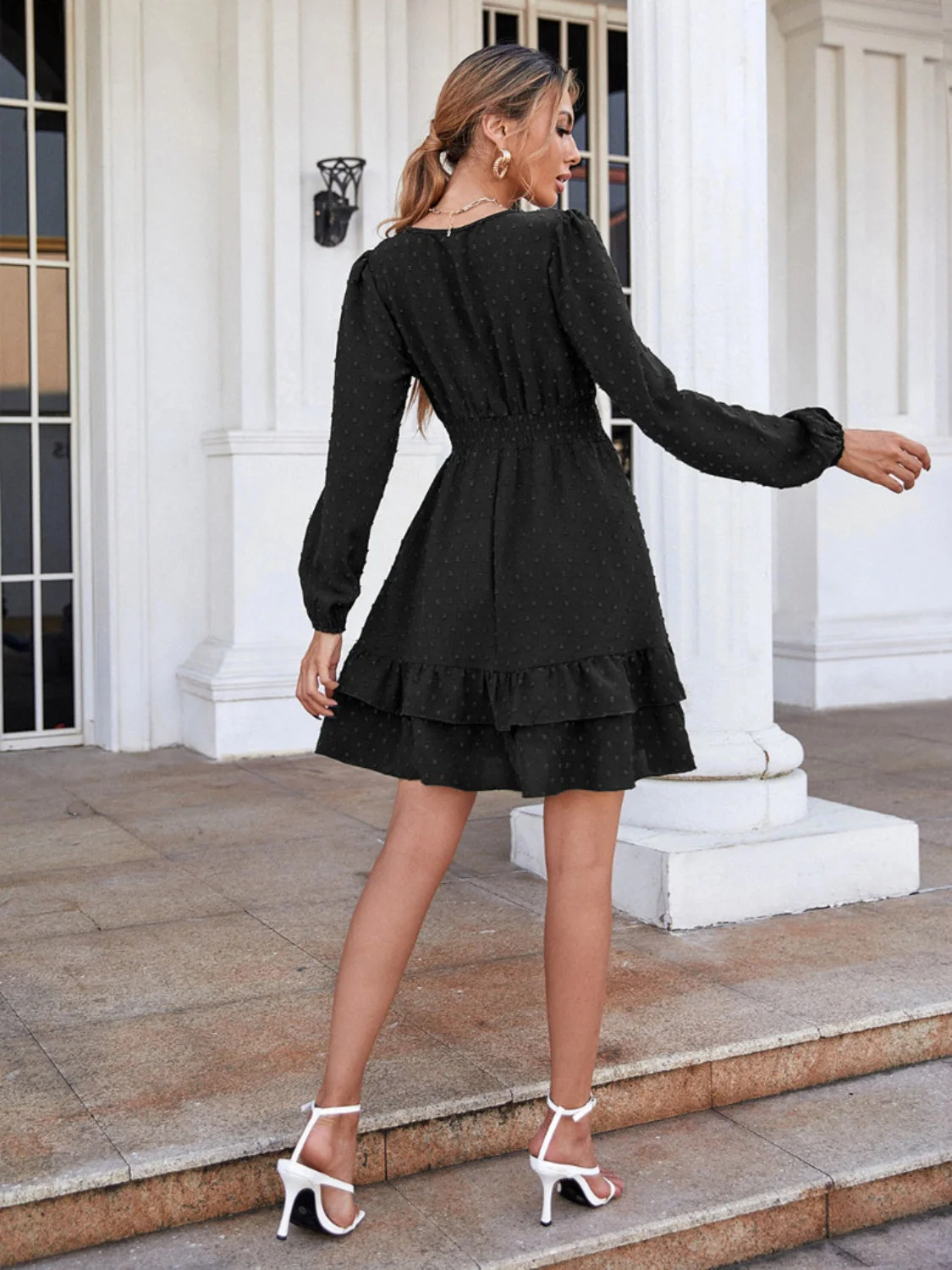 Swiss Dot Surplice Smocked Ruffle Hem Dress - Image 4