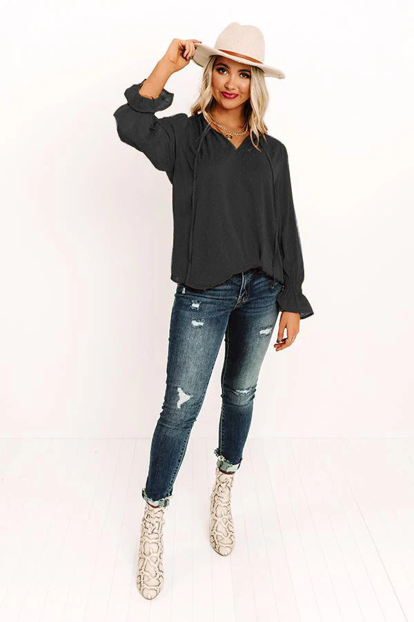 Swiss Dot Tie Neck Flounce Sleeve Blouse - Image 9