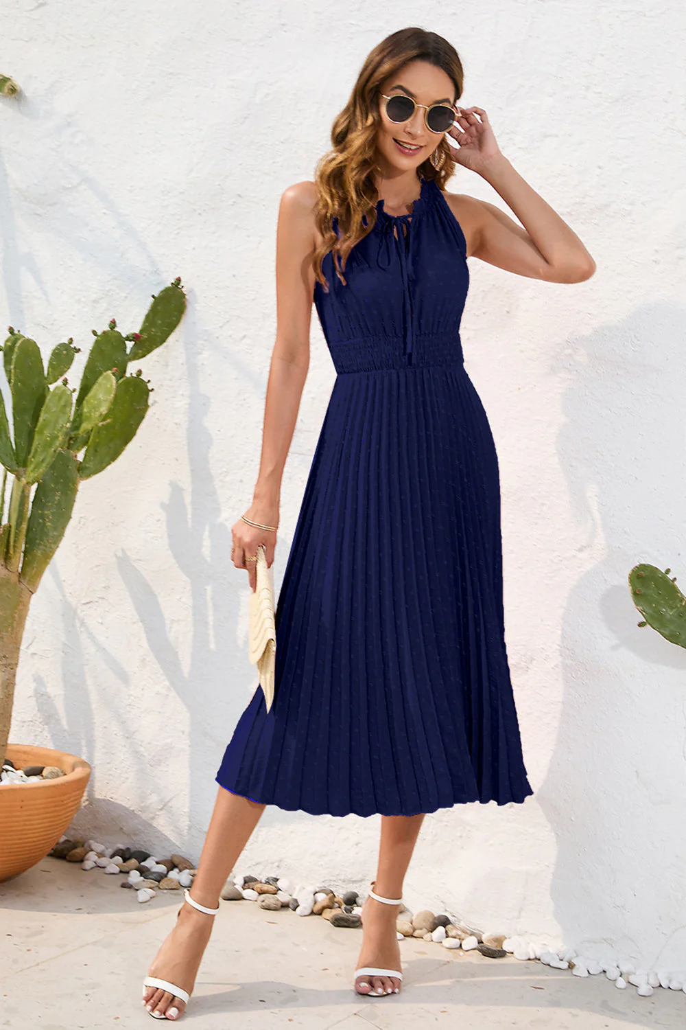 Swiss Dot Tie Neck Sleeveless Dress - Image 12