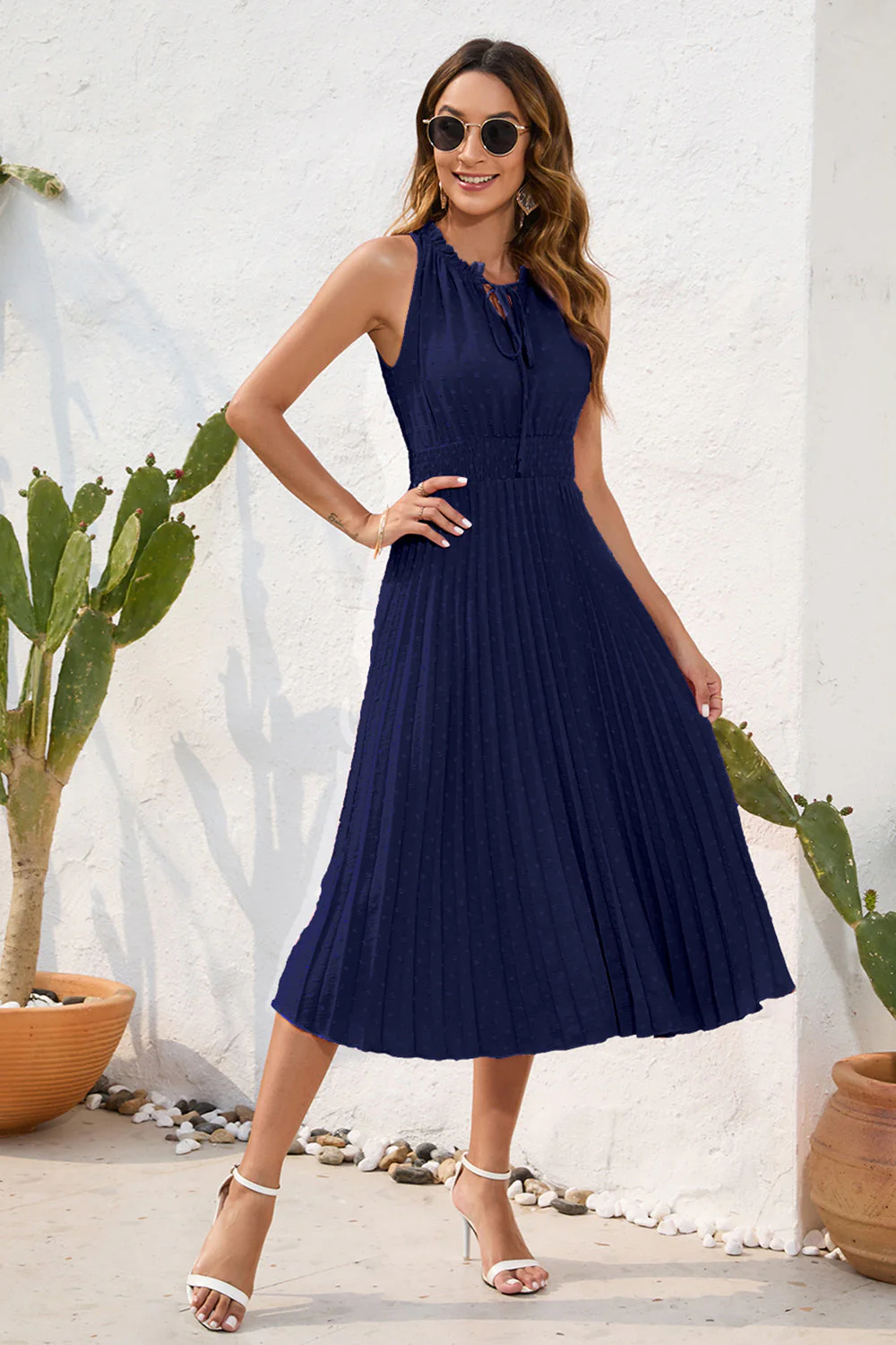 Swiss Dot Tie Neck Sleeveless Dress - Image 13