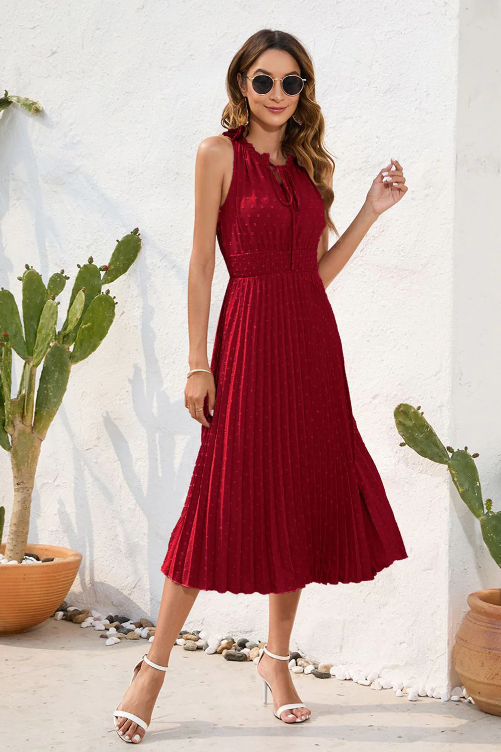 Swiss Dot Tie Neck Sleeveless Dress - Image 15