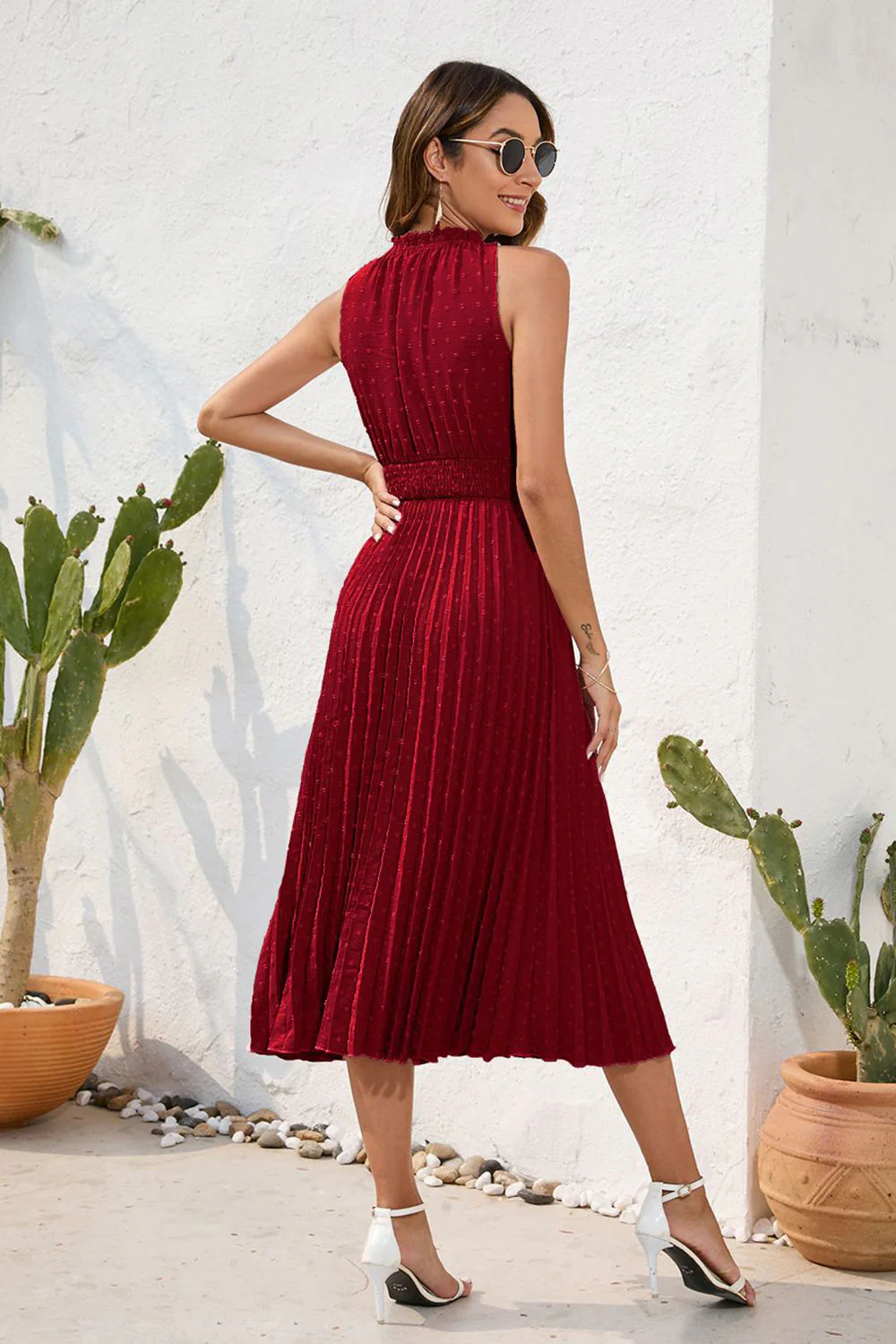 Swiss Dot Tie Neck Sleeveless Dress - Image 16