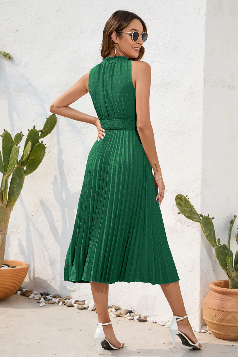 Swiss Dot Tie Neck Sleeveless Dress - Image 2