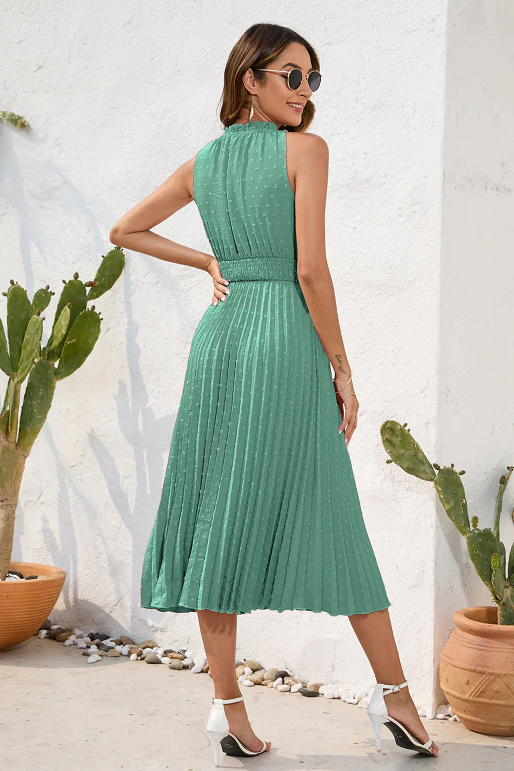 Swiss Dot Tie Neck Sleeveless Dress - Image 20