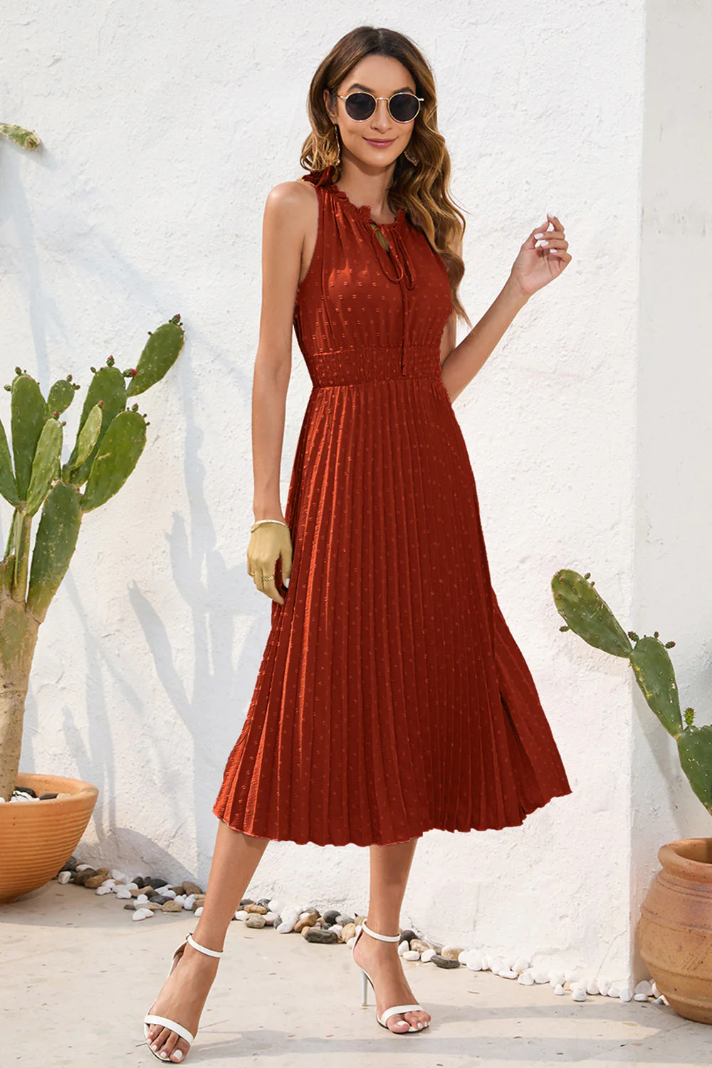Swiss Dot Tie Neck Sleeveless Dress - Image 21