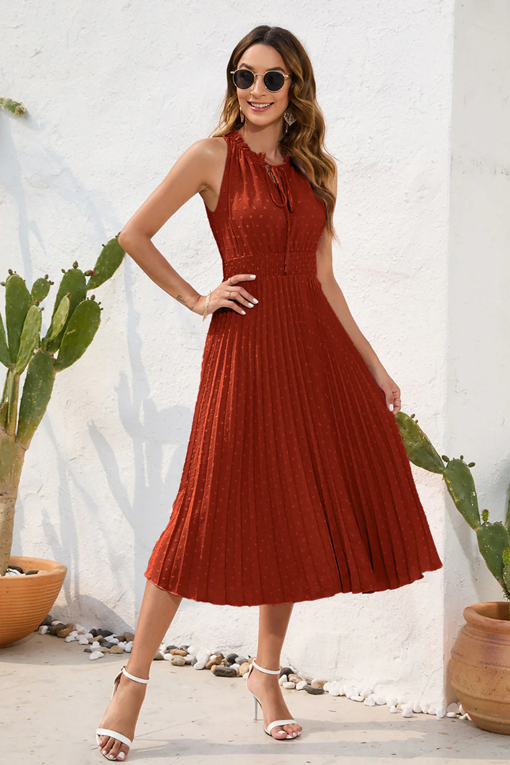 Swiss Dot Tie Neck Sleeveless Dress - Image 22