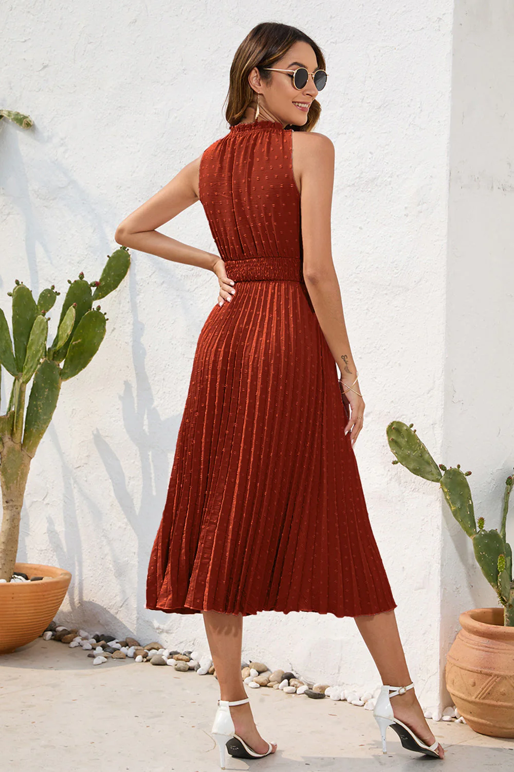 Swiss Dot Tie Neck Sleeveless Dress - Image 23