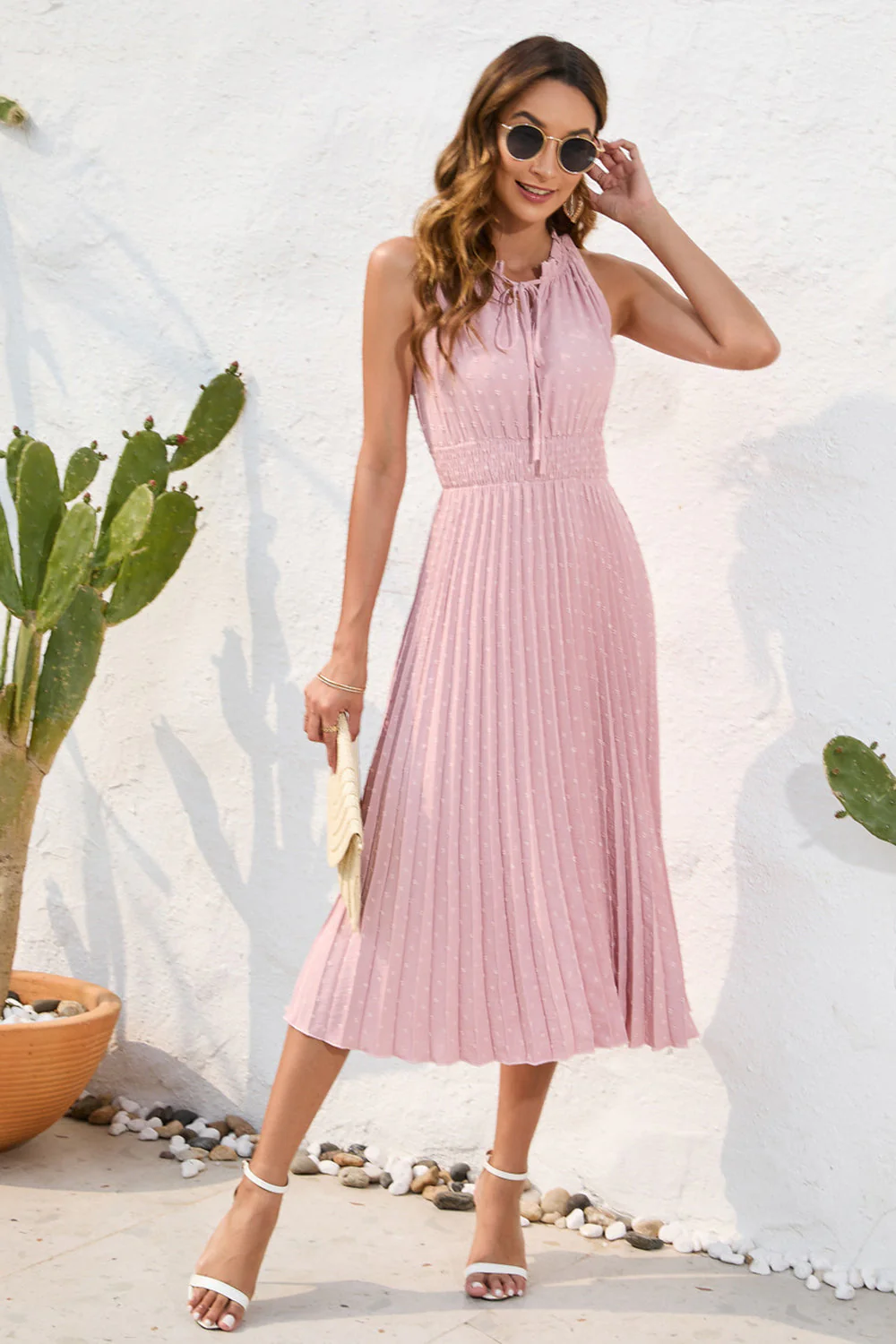 Swiss Dot Tie Neck Sleeveless Dress - Image 5