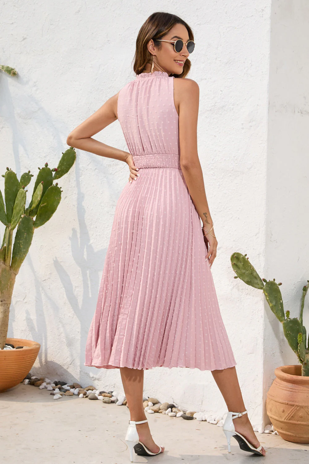 Swiss Dot Tie Neck Sleeveless Dress - Image 6