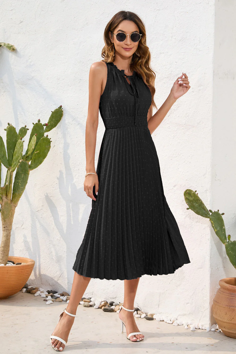 Swiss Dot Tie Neck Sleeveless Dress - Image 8