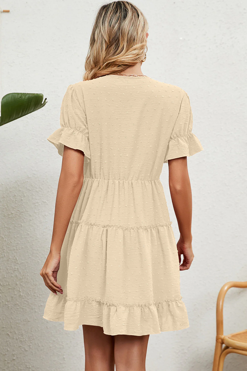 Swiss Dot V-Neck Flounce Sleeve Mini Dress - Image 6