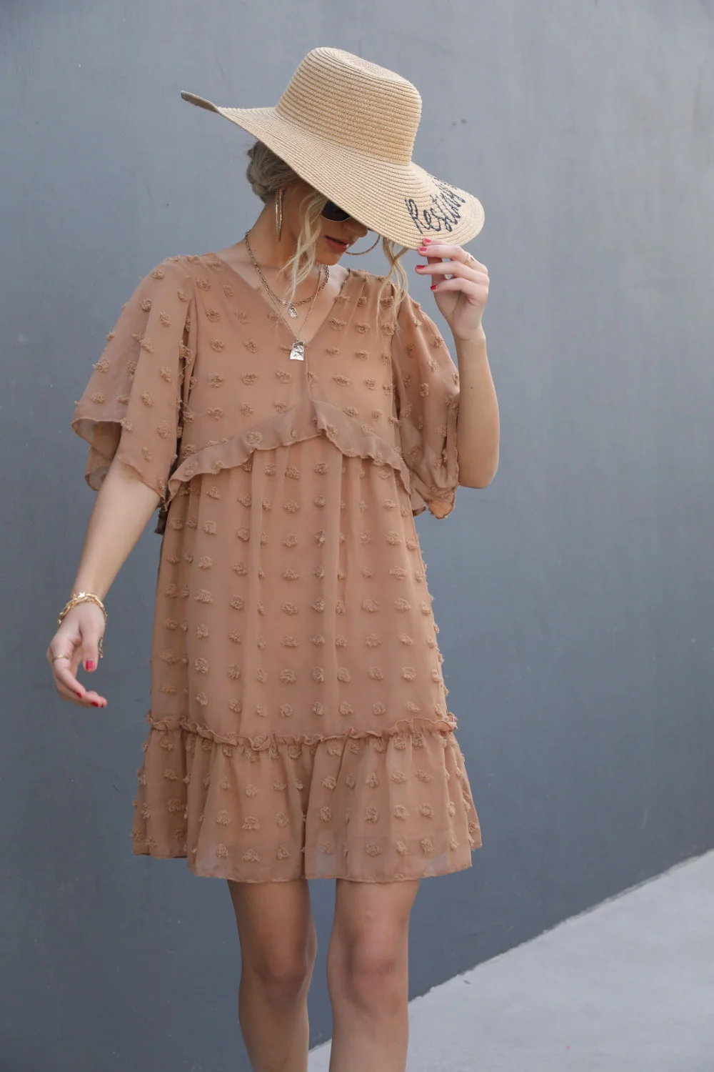 Swiss Dot V-Neck Flutter Sleeve Mini Dress - Image 3