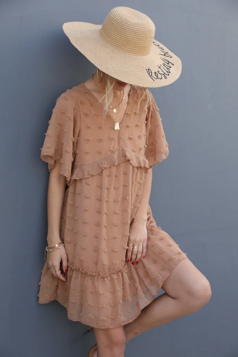 Swiss Dot V-Neck Flutter Sleeve Mini Dress - Image 4