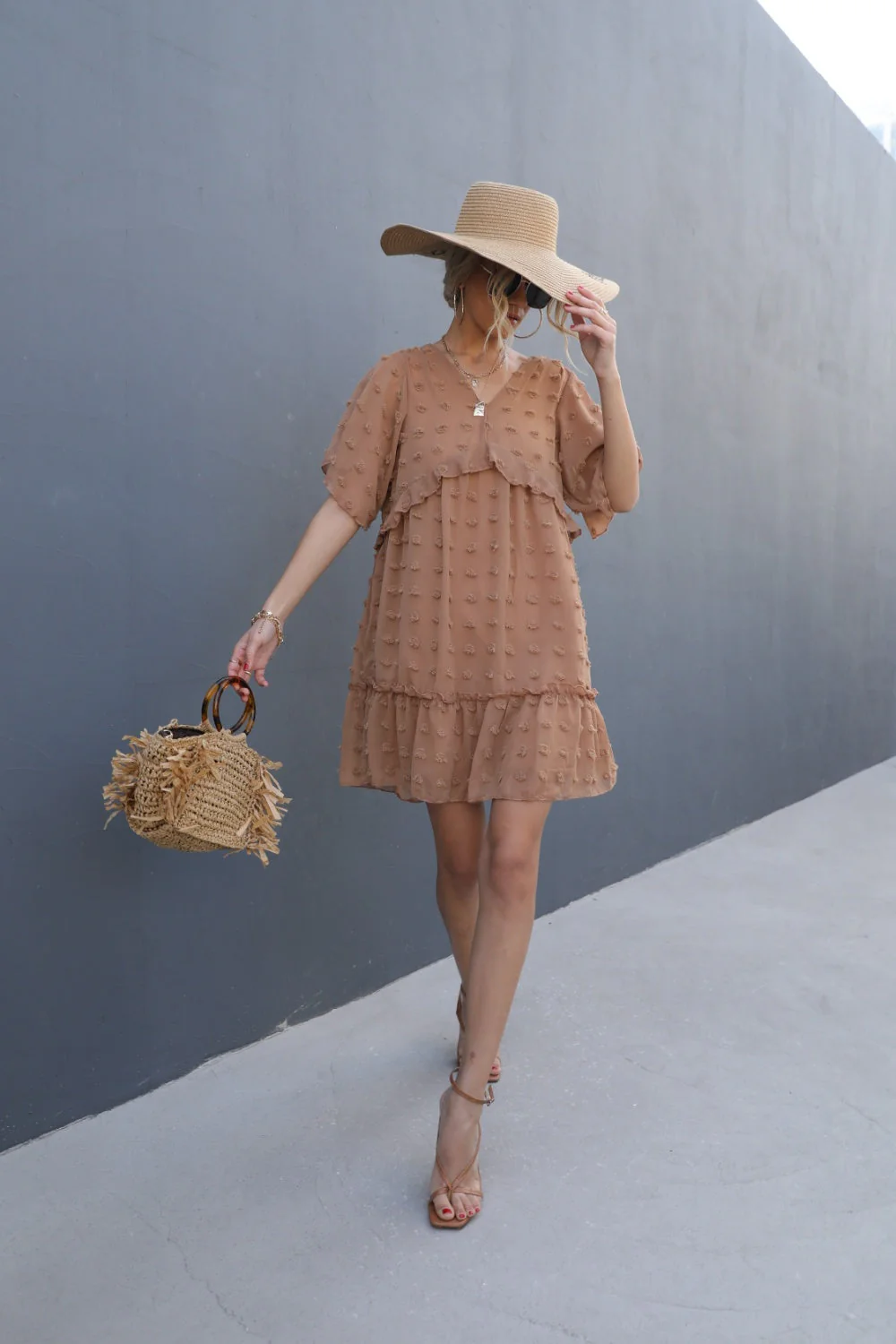 Swiss Dot V-Neck Flutter Sleeve Mini Dress - Image 5