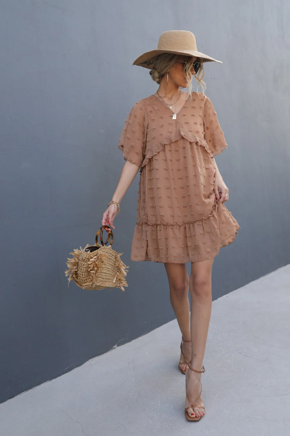 Swiss Dot V-Neck Flutter Sleeve Mini Dress - Image 6
