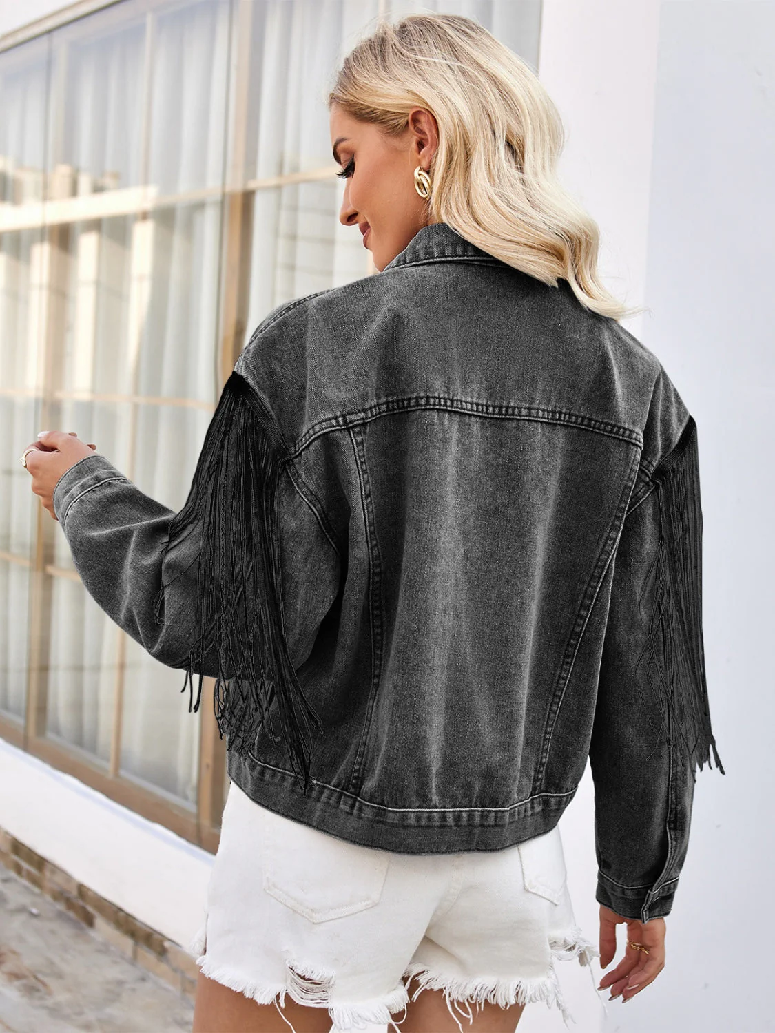 Tassel Button Up Dropped Shoulder Denim Jacket - Image 10