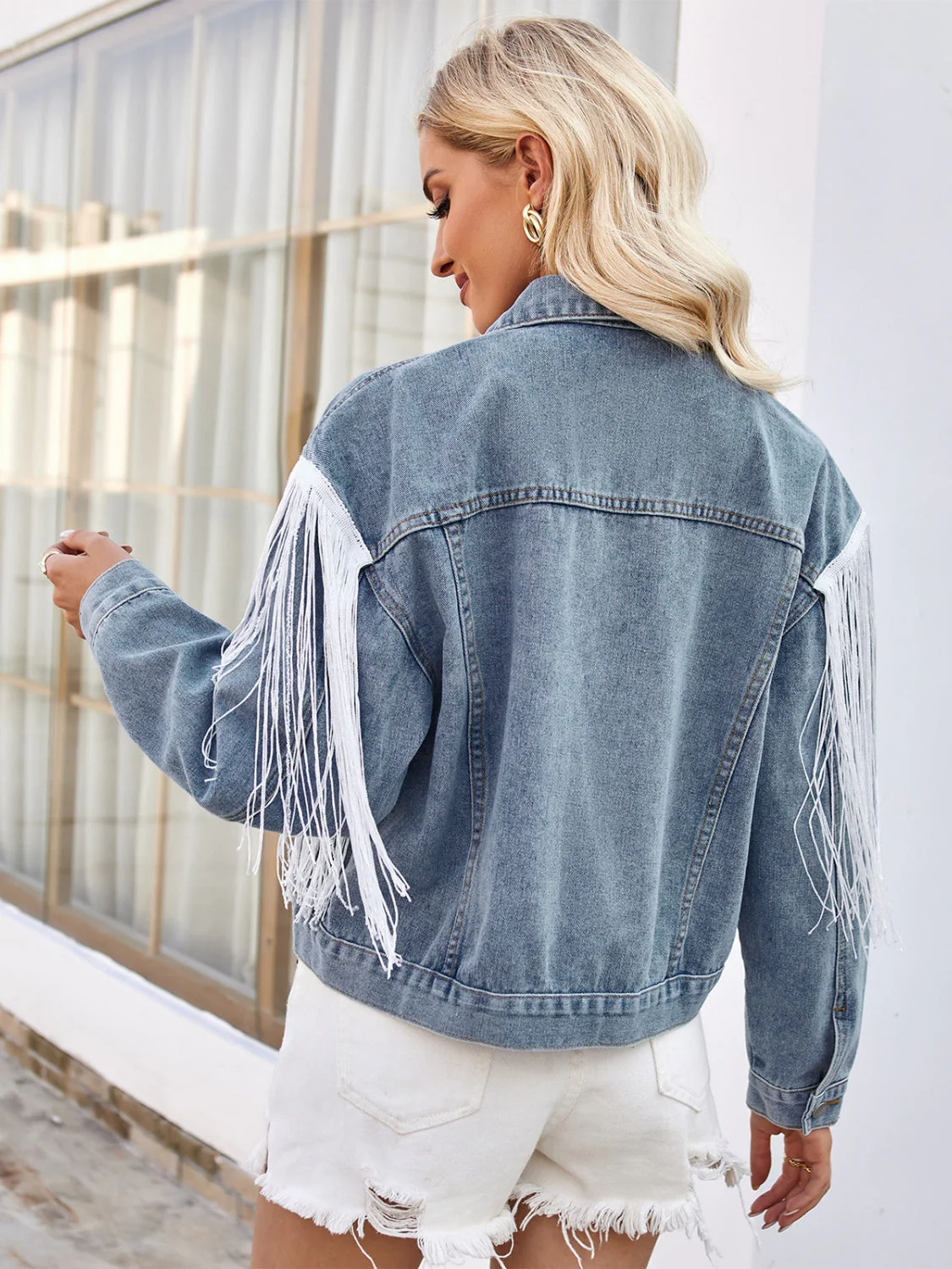 Tassel Button Up Dropped Shoulder Denim Jacket - Image 4