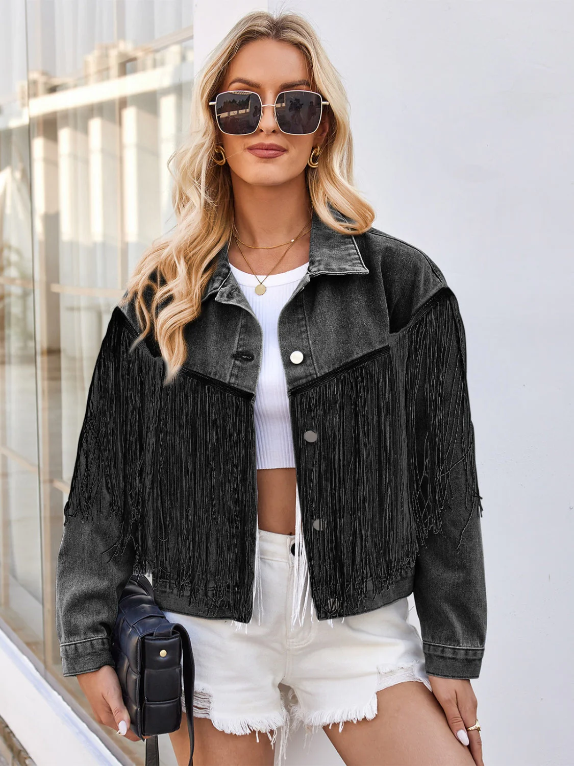 Tassel Button Up Dropped Shoulder Denim Jacket - Image 7