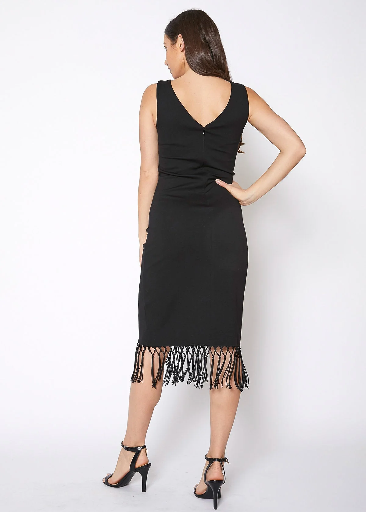 Tassel Hem Sleeveless Midi Bodycon Dress in Black by Shop at Konus - Image 3