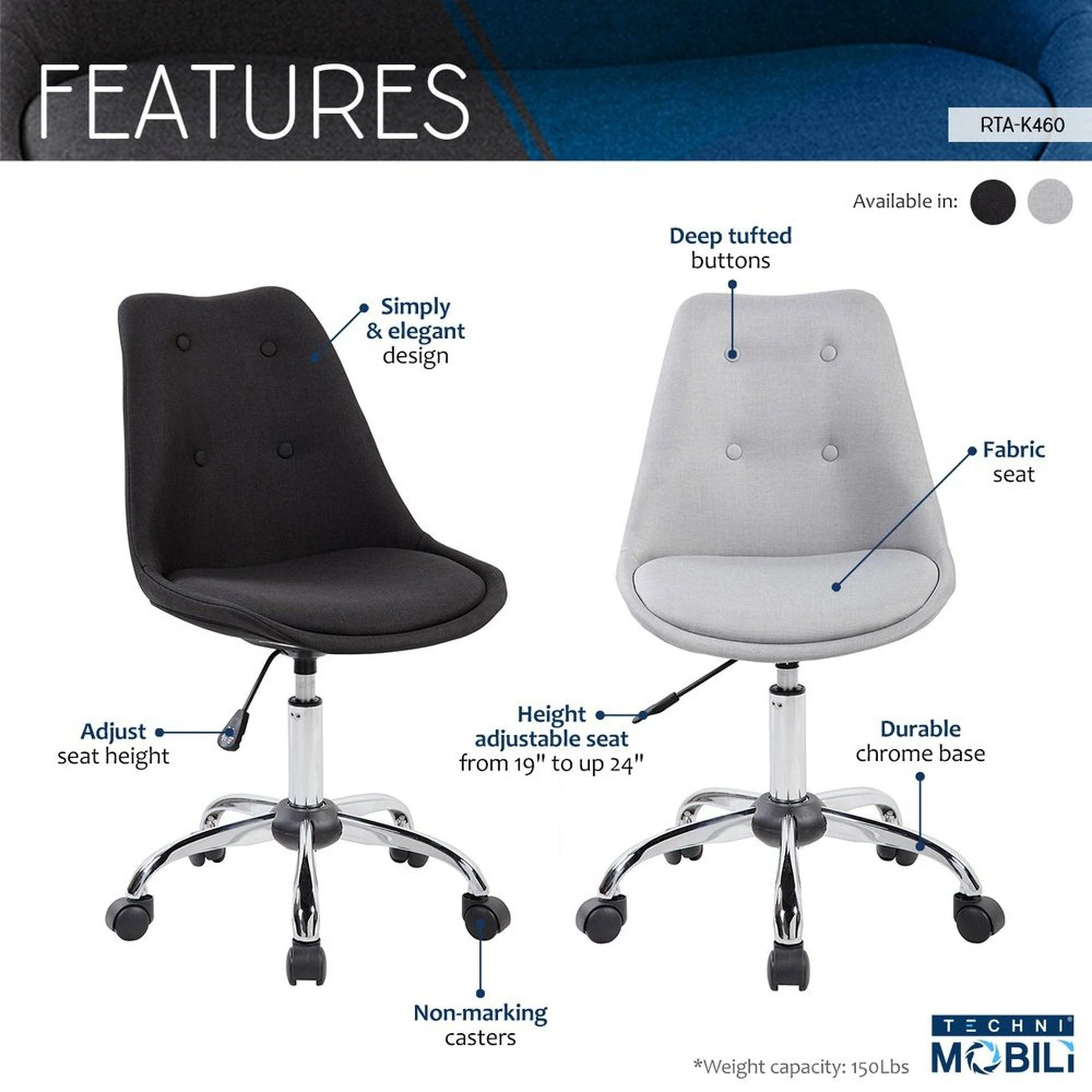 Techni Mobili Armless Task Chair with Buttons, Black by Level Up Desks - Image 4