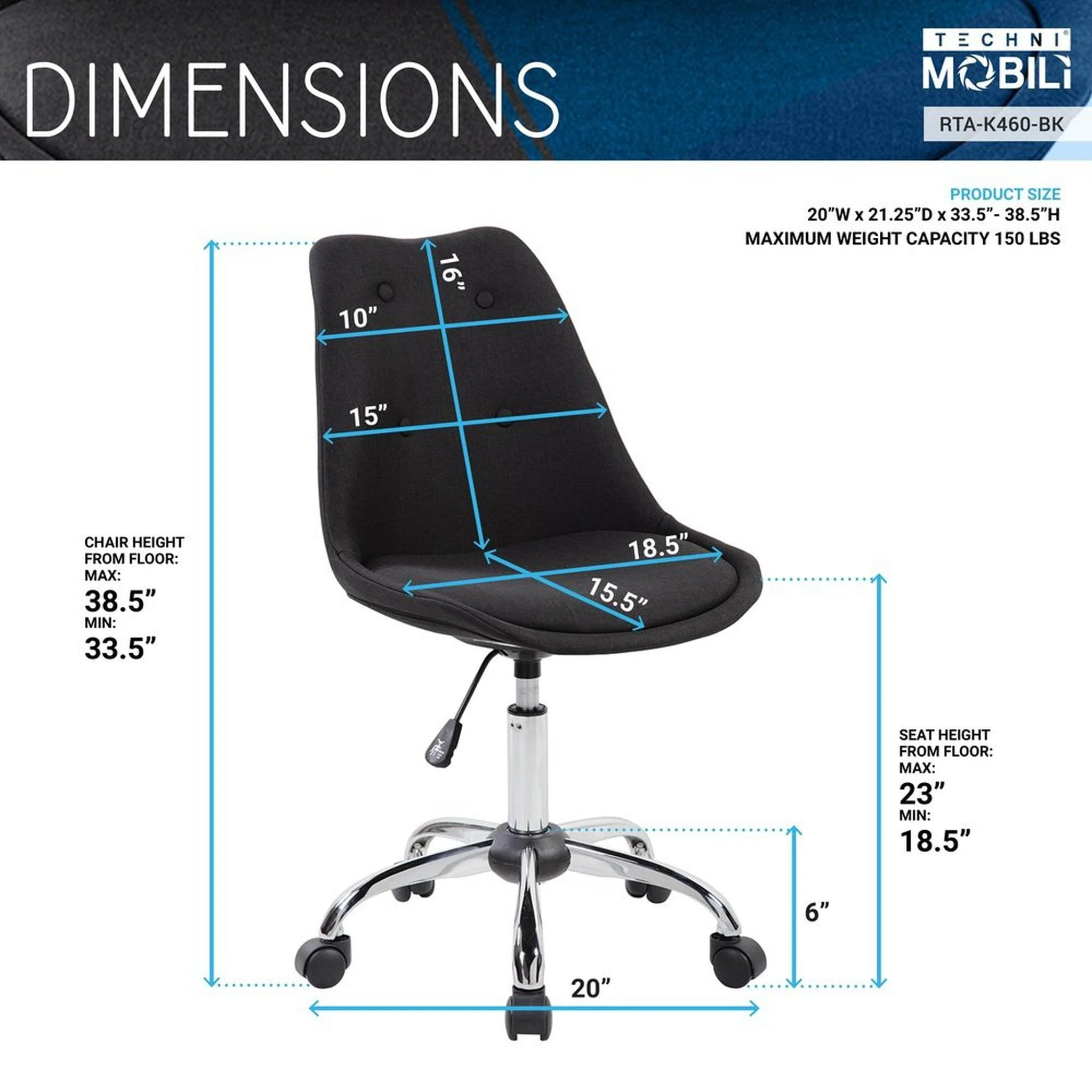 Techni Mobili Armless Task Chair with Buttons, Black by Level Up Desks - Image 5