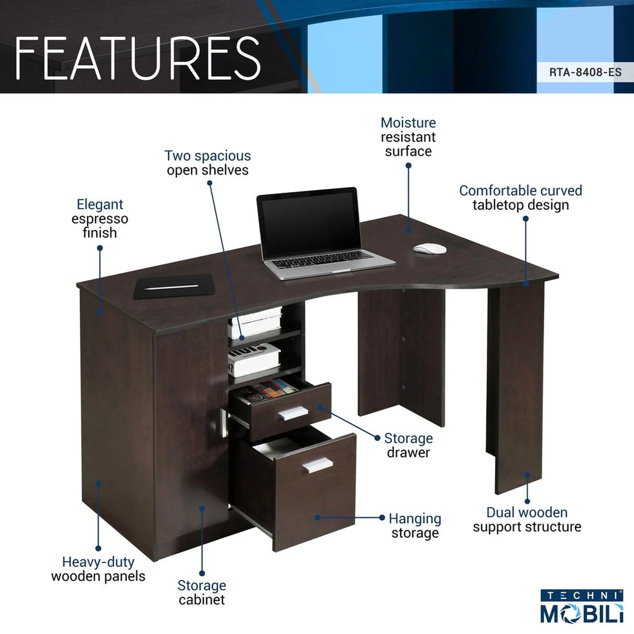 Techni Mobili Classic Office Desk with Storage, Espresso by Level Up Desks - Image 5