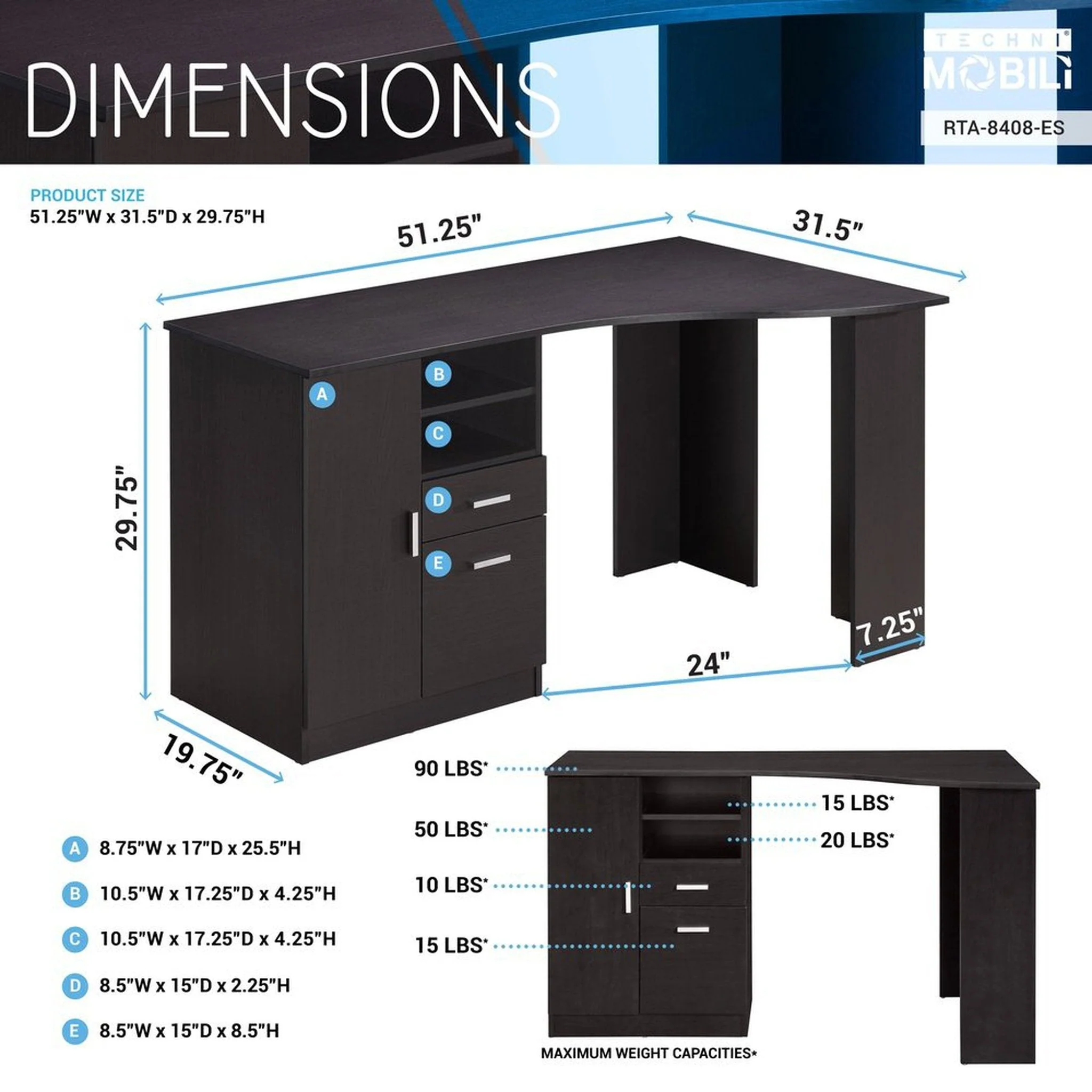 Techni Mobili Classic Office Desk with Storage, Espresso by Level Up Desks - Image 6