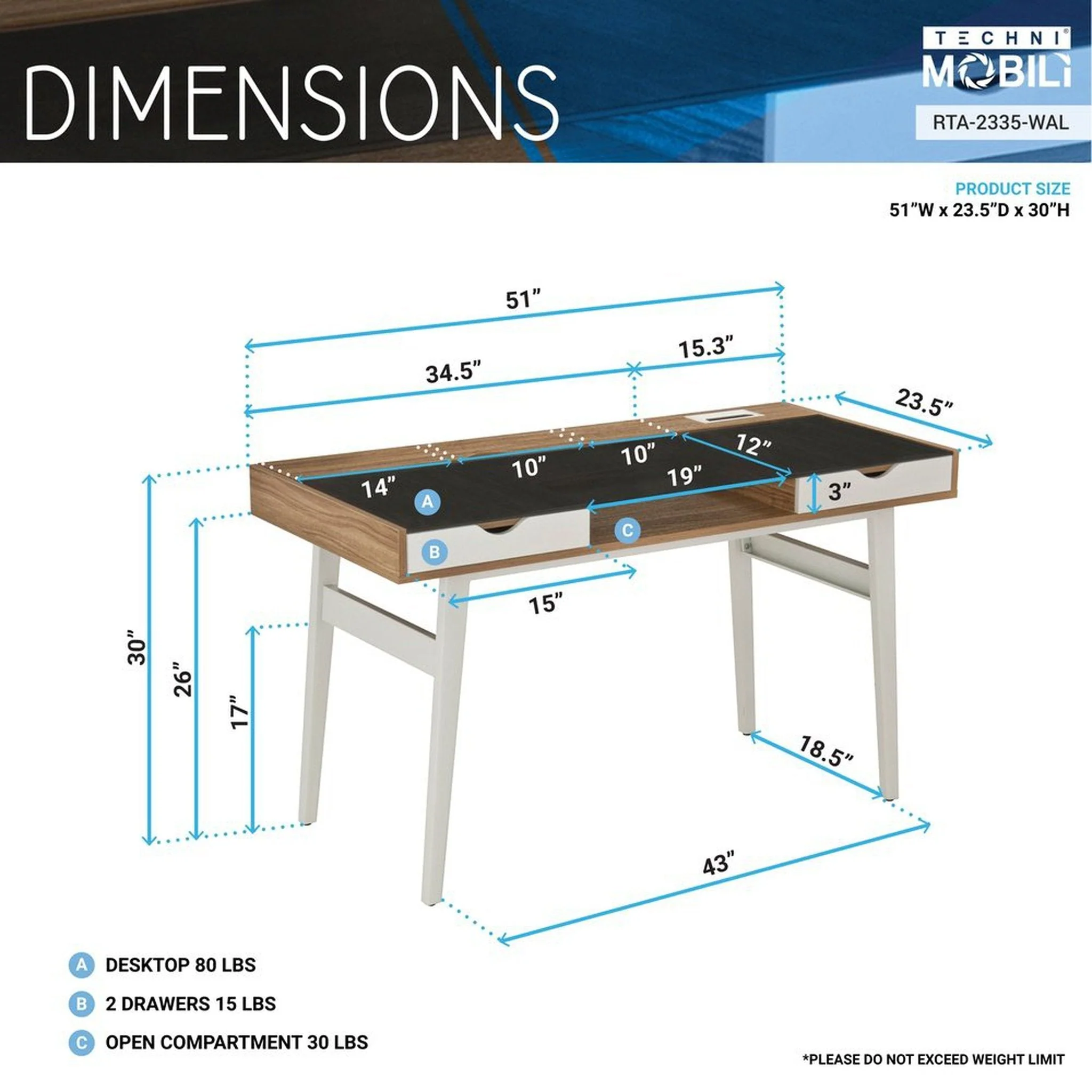 Techni Mobili Compact Computer Desk with Multiple Storage, Walnut by Level Up Desks - Image 6