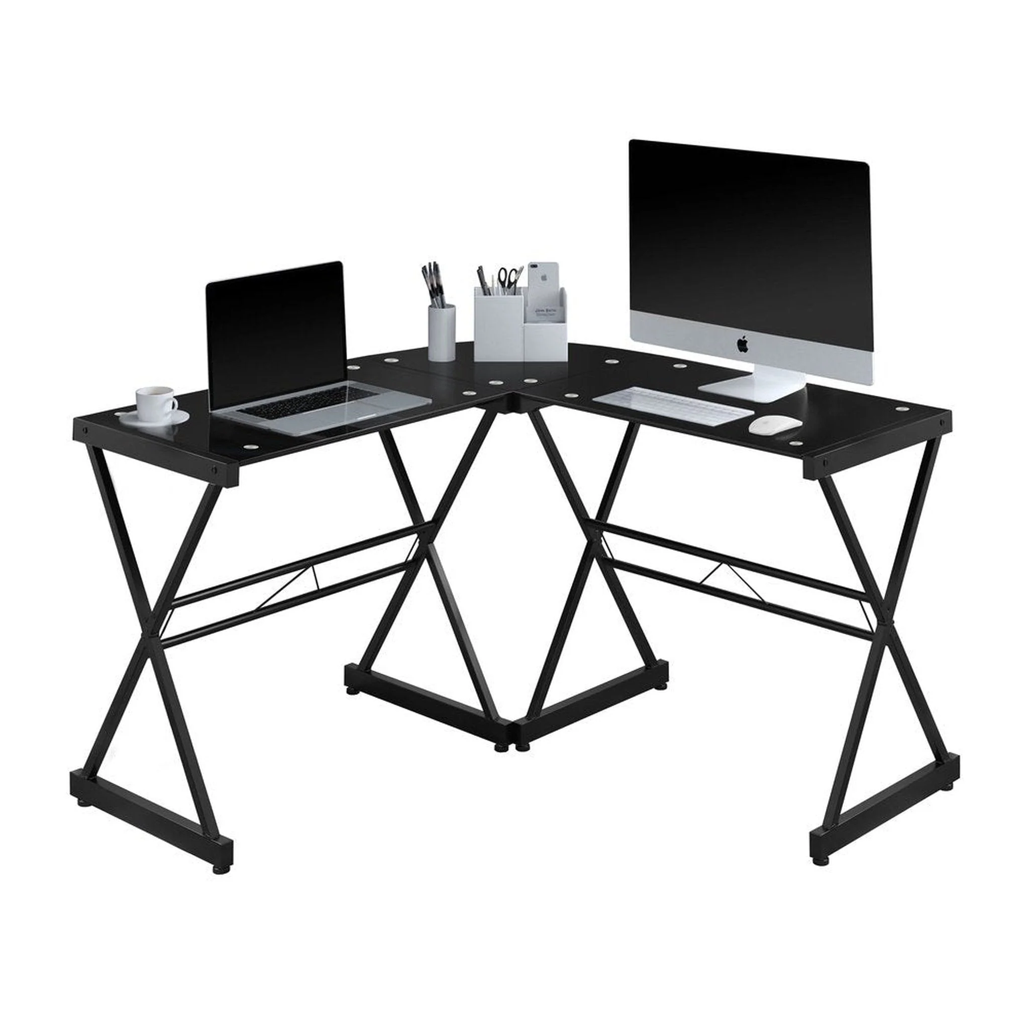 Techni Mobili L-Shaped Glass Computer Desk, Black by Level Up Desks - Image 2