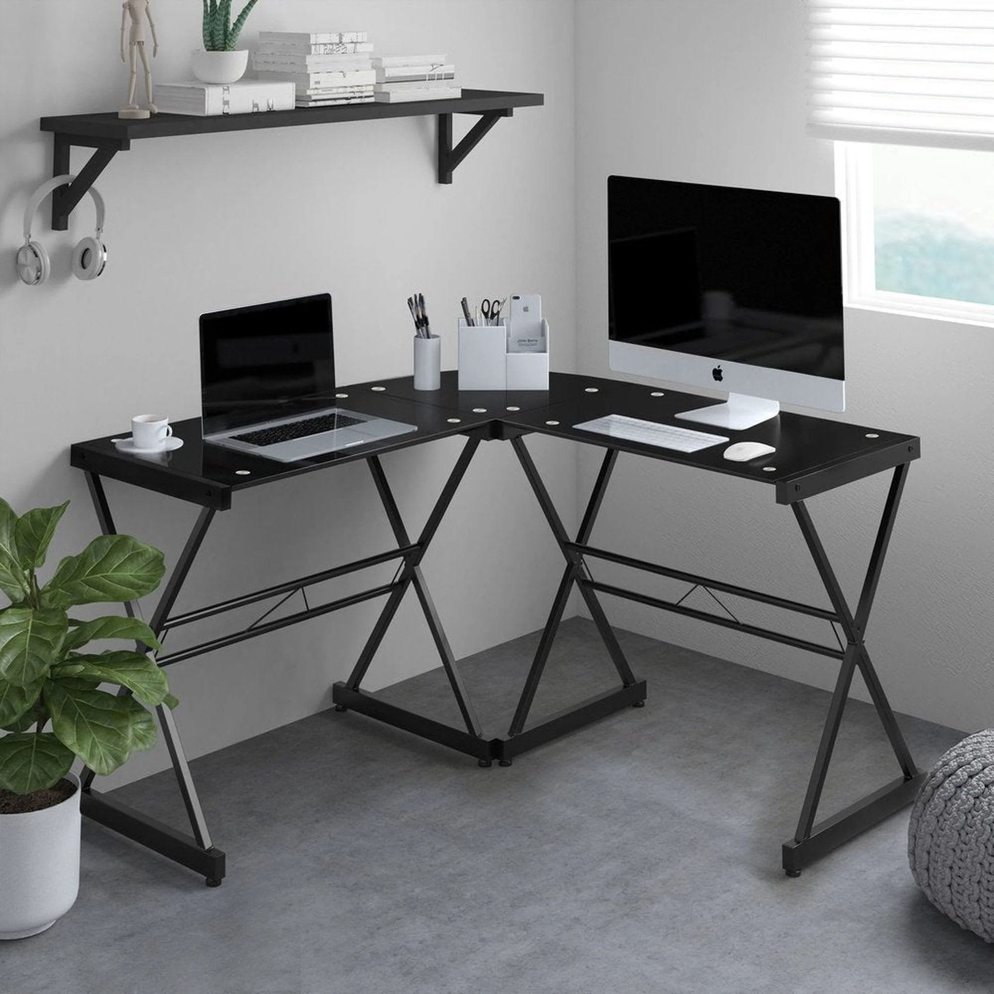 Techni Mobili L-Shaped Glass Computer Desk, Black by Level Up Desks - Image 4