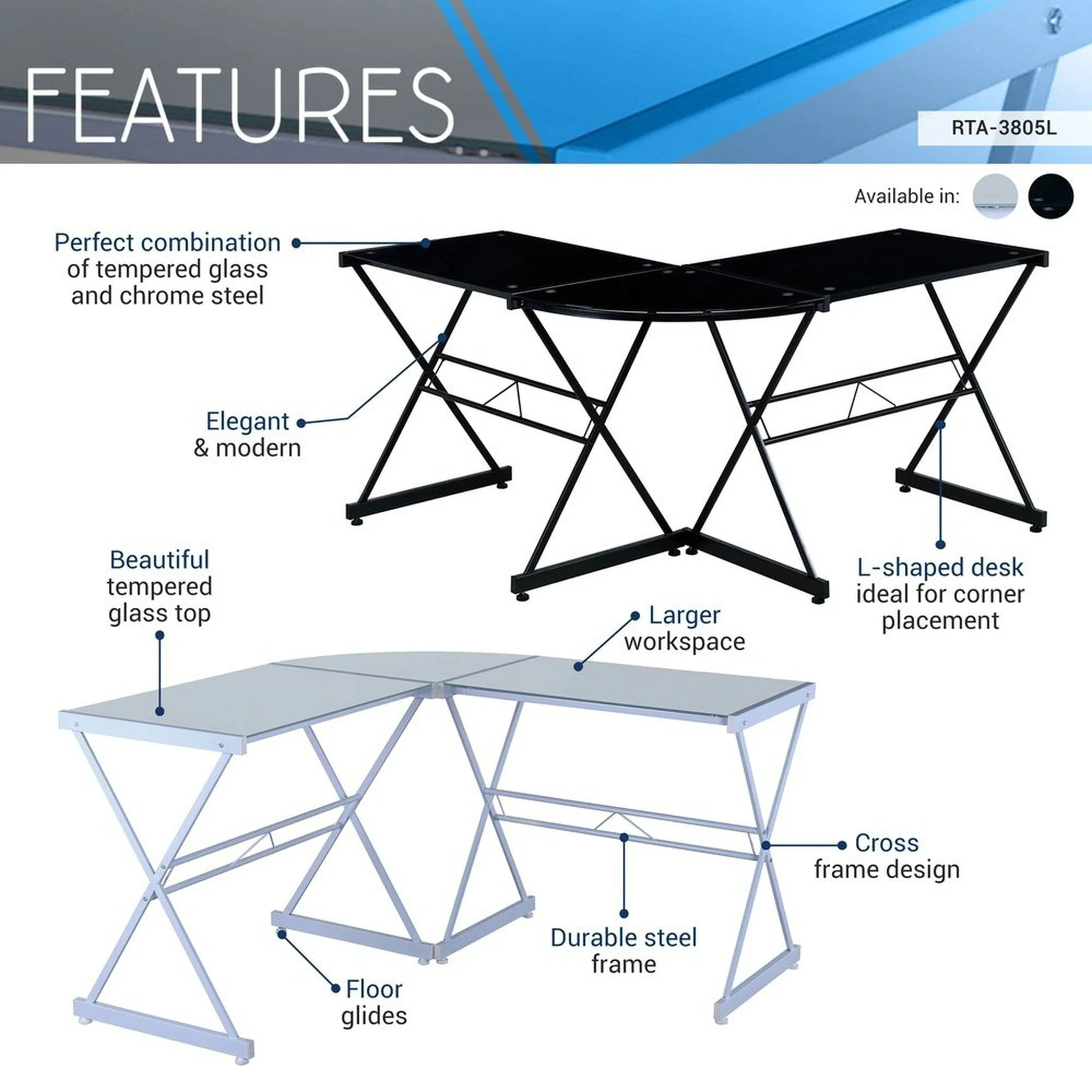 Techni Mobili L-Shaped Glass Computer Desk, Black by Level Up Desks - Image 5