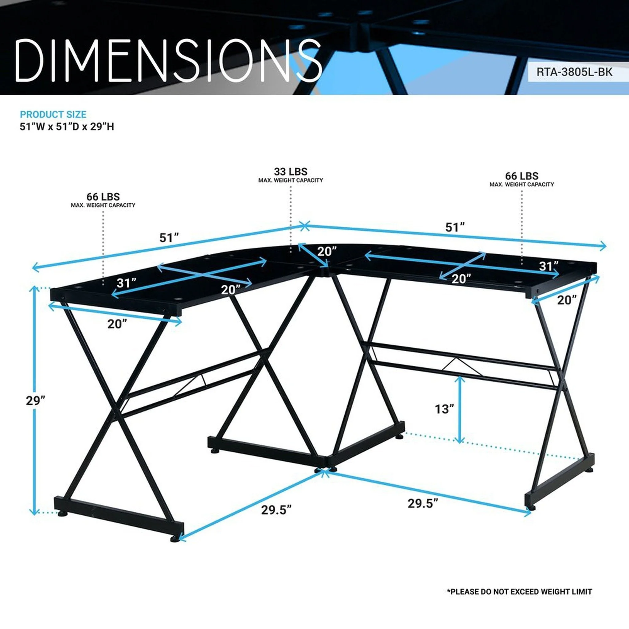 Techni Mobili L-Shaped Glass Computer Desk, Black by Level Up Desks - Image 6