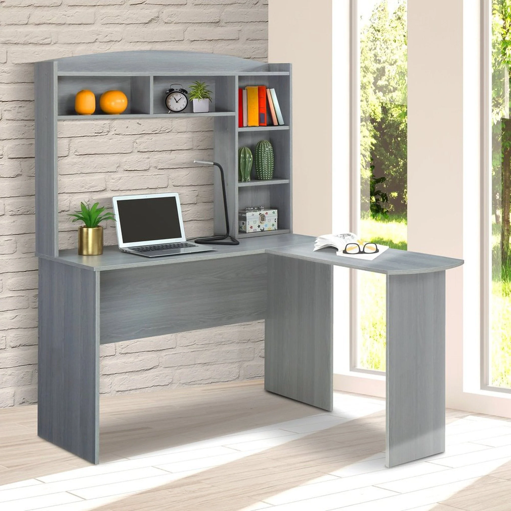 Techni Mobili Modern L-Shaped Desk with Hutch, Grey by Level Up Desks - Image 5