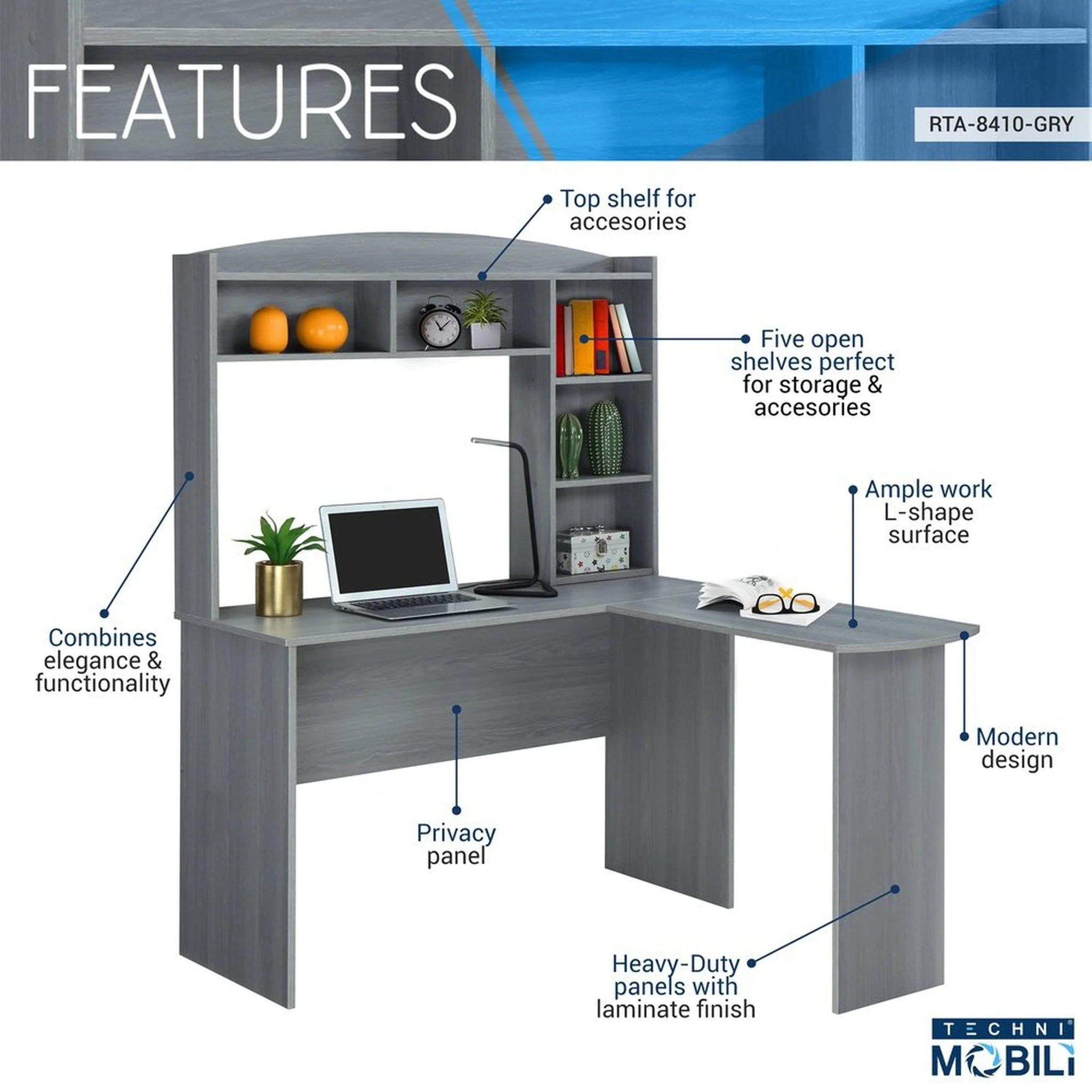 Techni Mobili Modern L-Shaped Desk with Hutch, Grey by Level Up Desks - Image 6