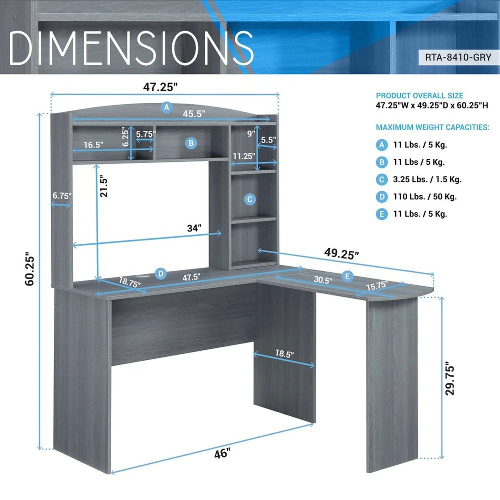 Techni Mobili Modern L-Shaped Desk with Hutch, Grey by Level Up Desks - Image 7