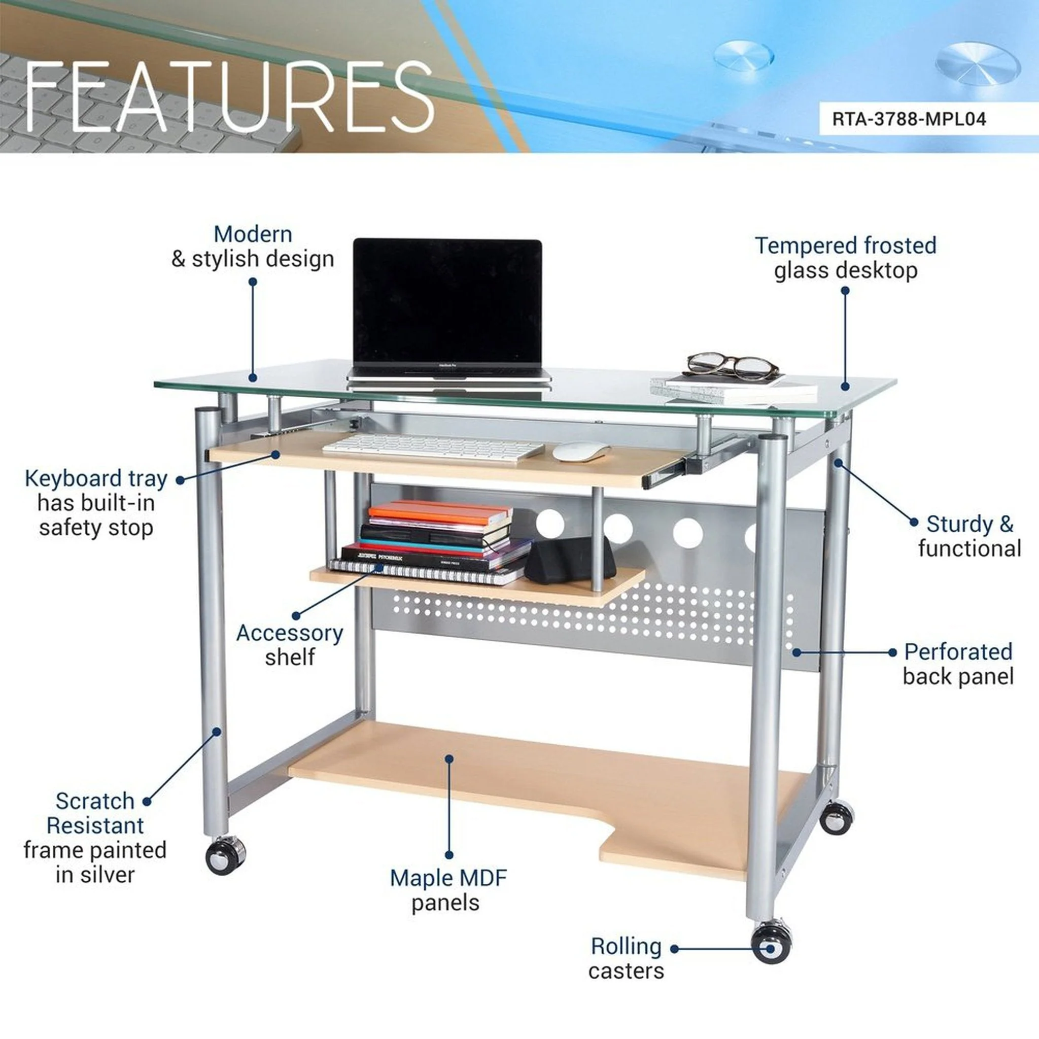 Techni Mobili Rolling Computer Desk, Glass and Silver by Level Up Desks - Image 6