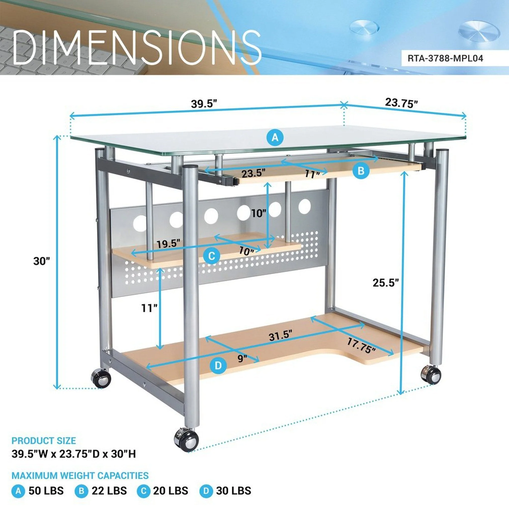 Techni Mobili Rolling Computer Desk, Glass and Silver by Level Up Desks - Image 7