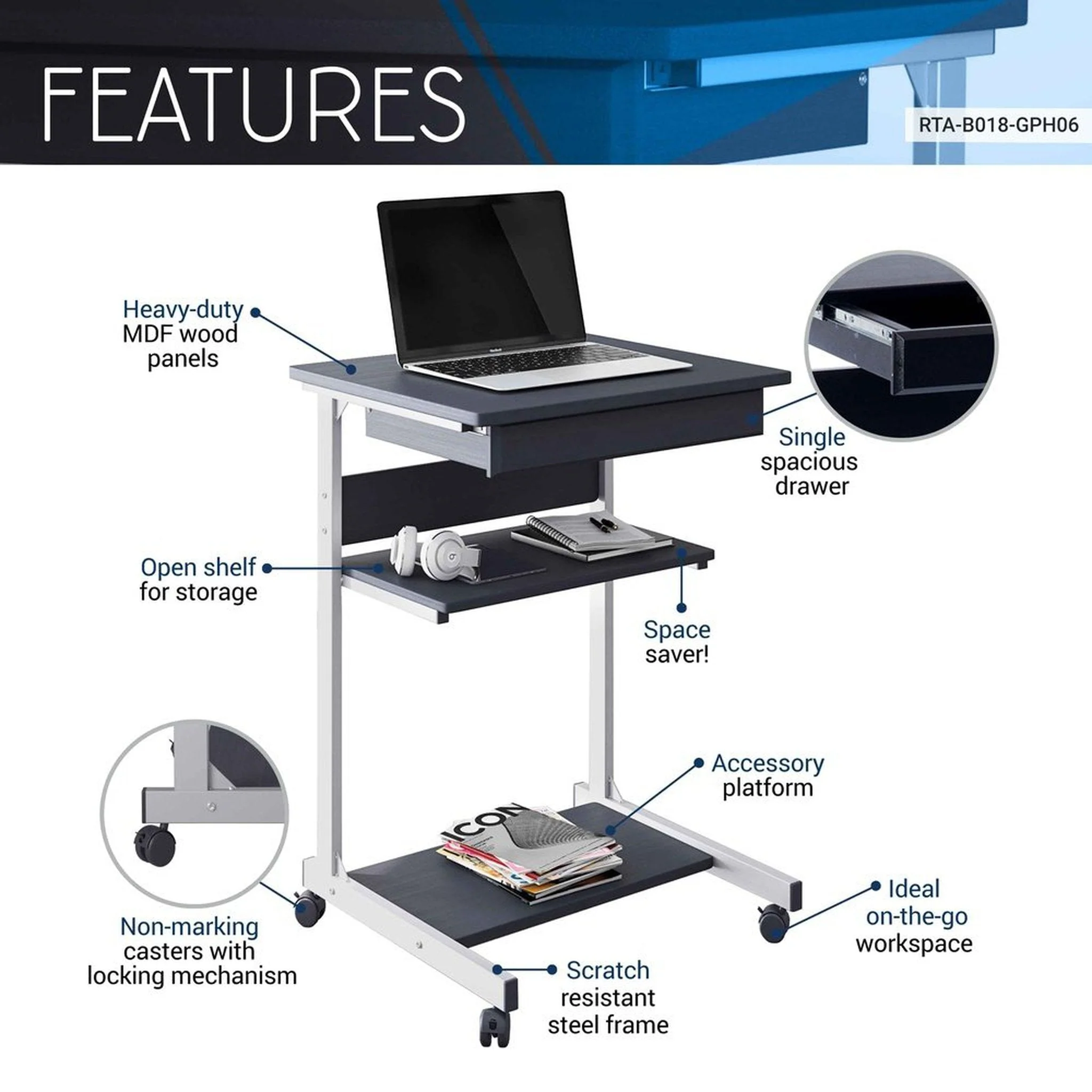 Techni Mobili Rolling Laptop Cart with Storage, Graphite by Level Up Desks - Image 6