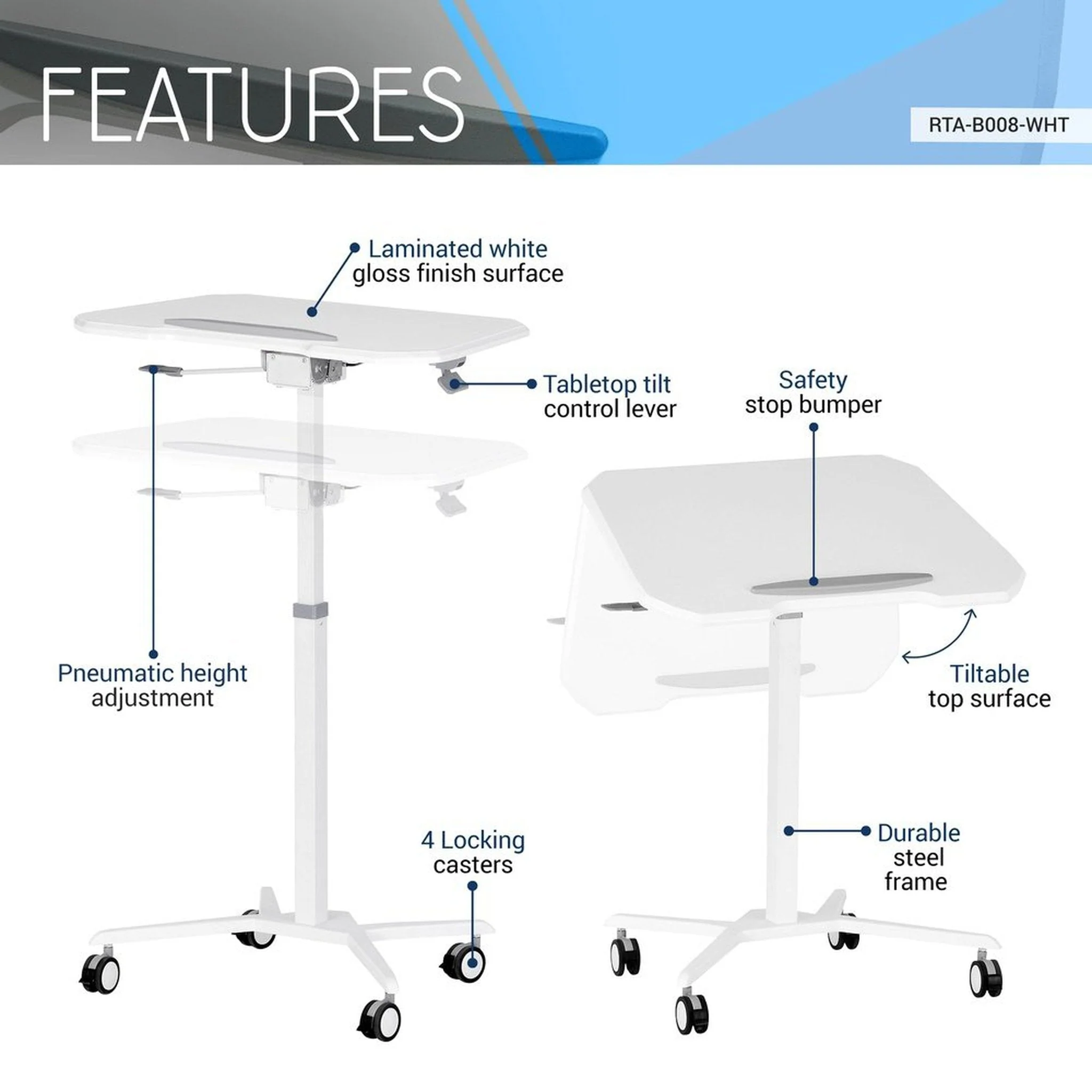 Techni Mobili White Sit to Stand Mobile Laptop Computer Stand with Height Adjustable and Tiltable Tabletop by Level Up Desks - Image 6