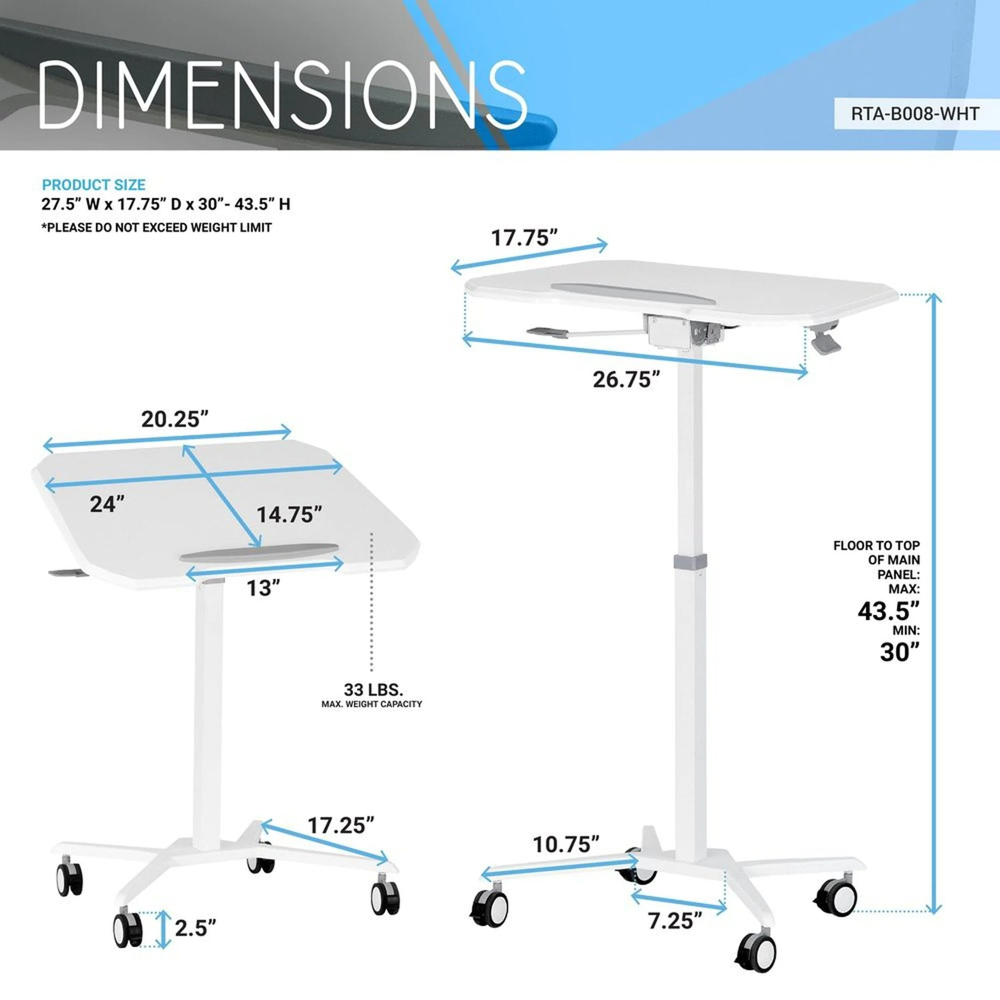Techni Mobili White Sit to Stand Mobile Laptop Computer Stand with Height Adjustable and Tiltable Tabletop by Level Up Desks - Image 7