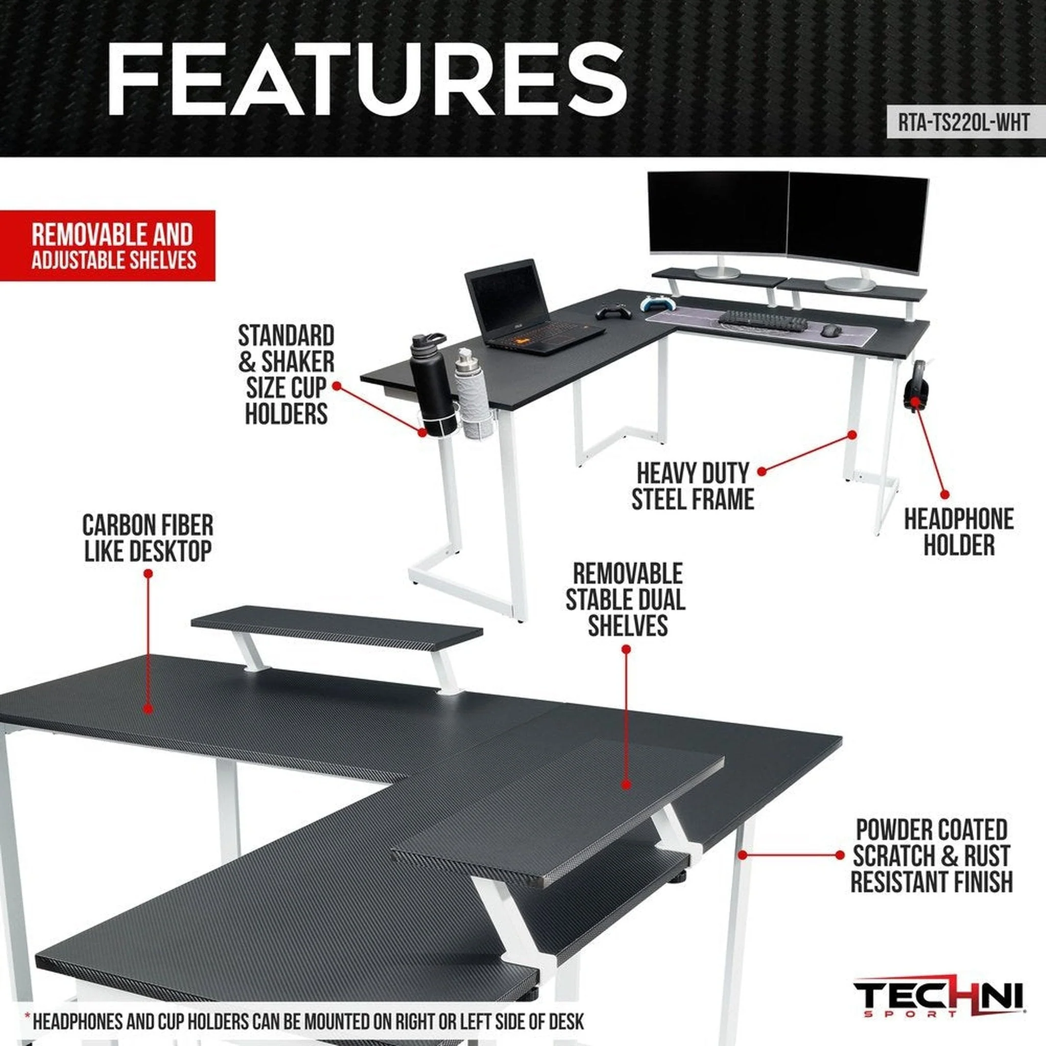 Techni Sport Warrior L-Shaped Gaming Desk, White by Level Up Desks - Image 6