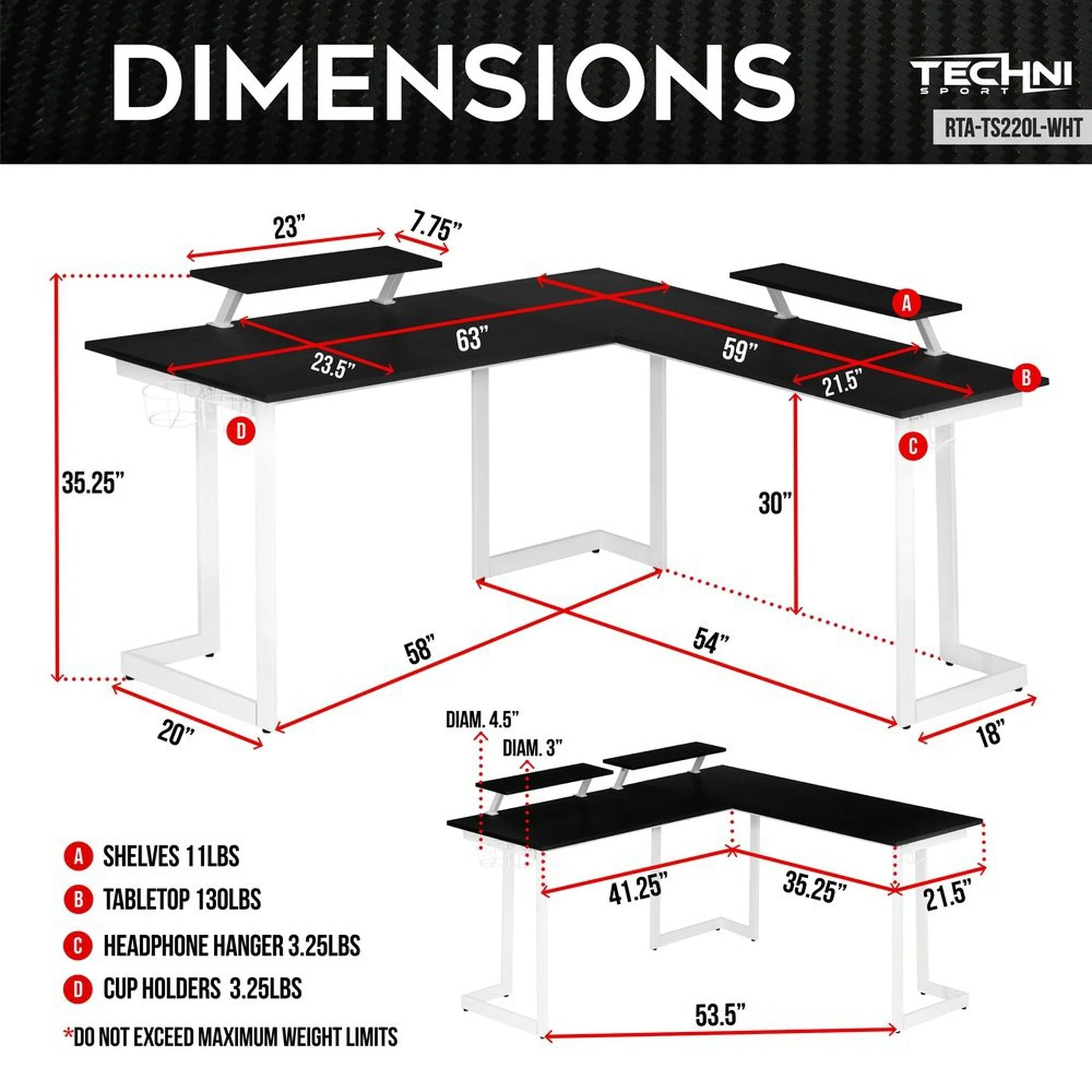 Techni Sport Warrior L-Shaped Gaming Desk, White by Level Up Desks - Image 7