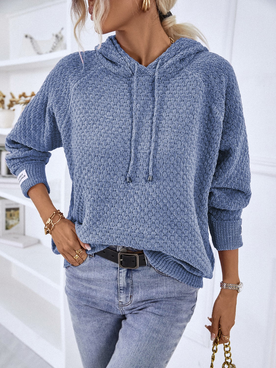 Texture Drawstring Long Sleeve Hooded Sweater - Image 10