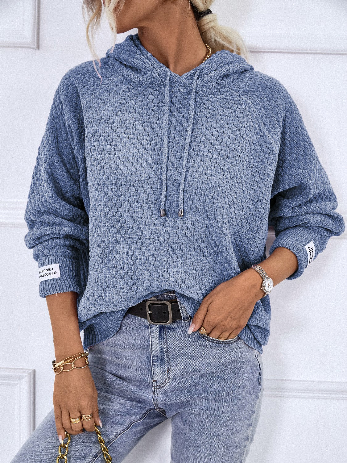 Texture Drawstring Long Sleeve Hooded Sweater - Image 11