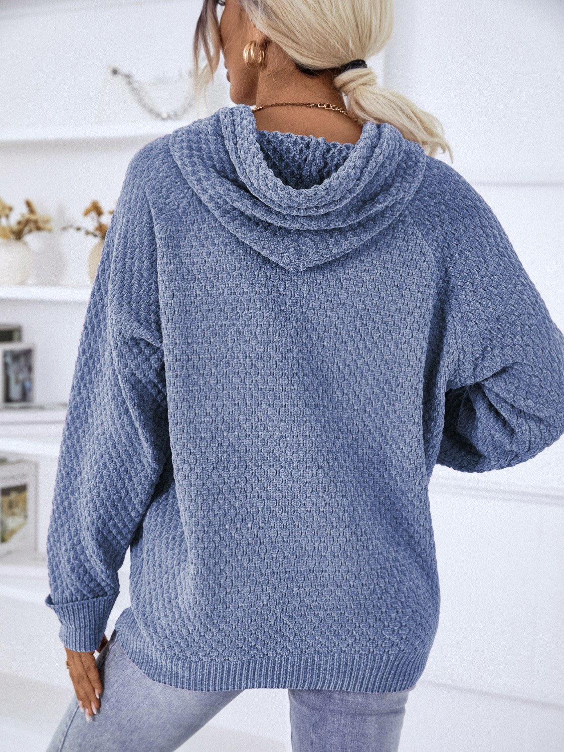 Texture Drawstring Long Sleeve Hooded Sweater - Image 12